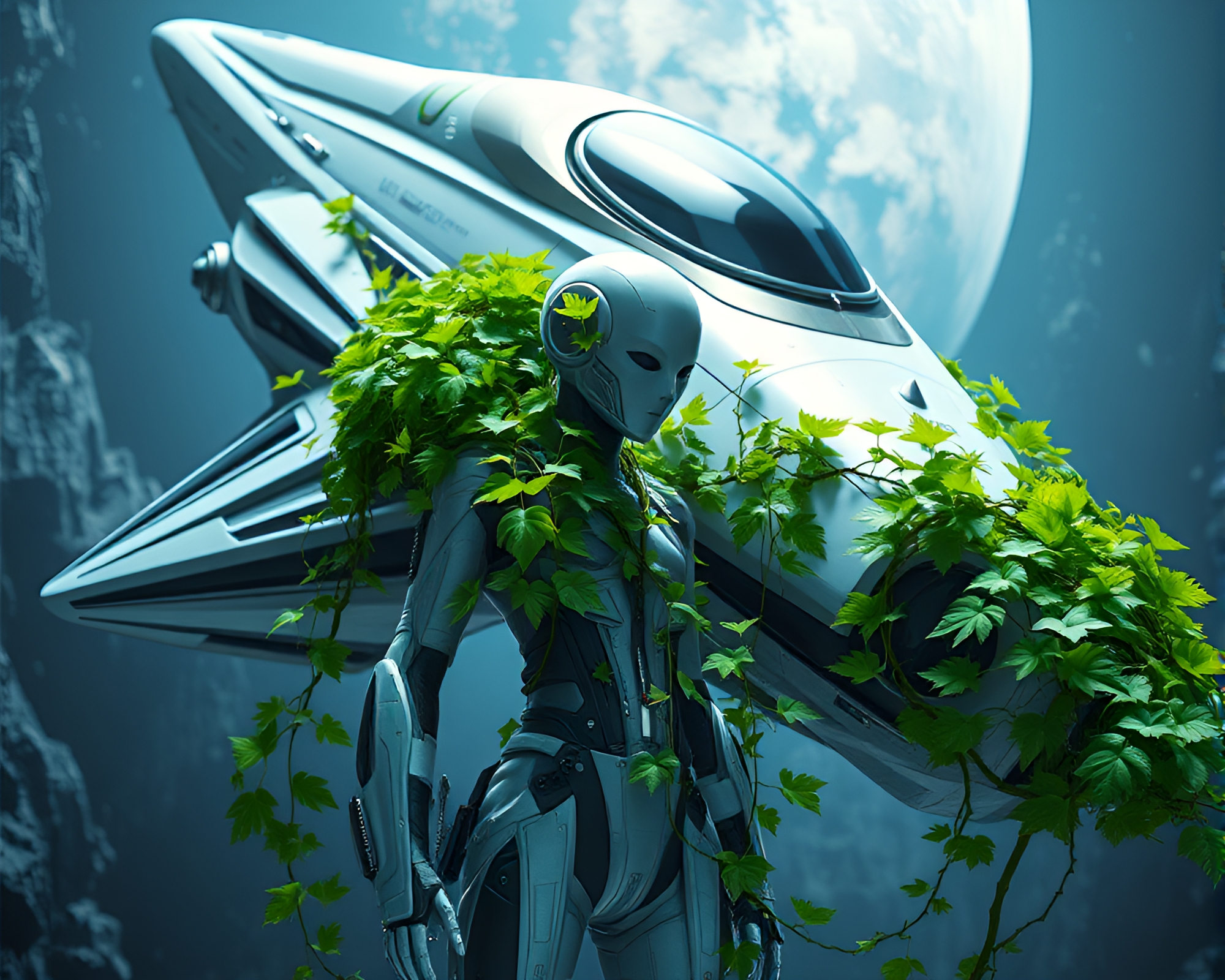 Futuristic humanoid portrait against ivy-covered spaceship hull – free AI stock image