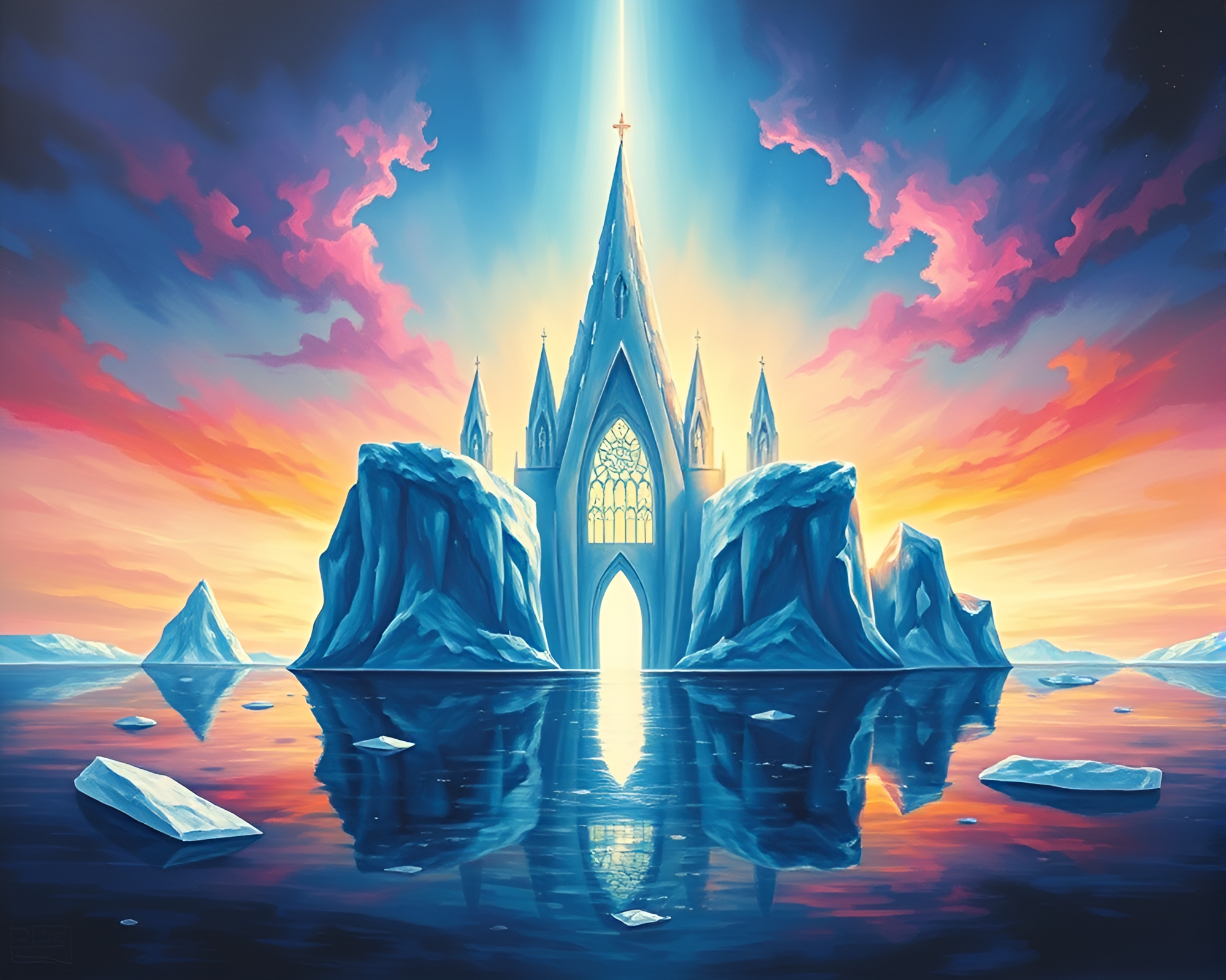Surreal Iceberg Cathedral: Ethereal Acrylic Dream – free AI stock image