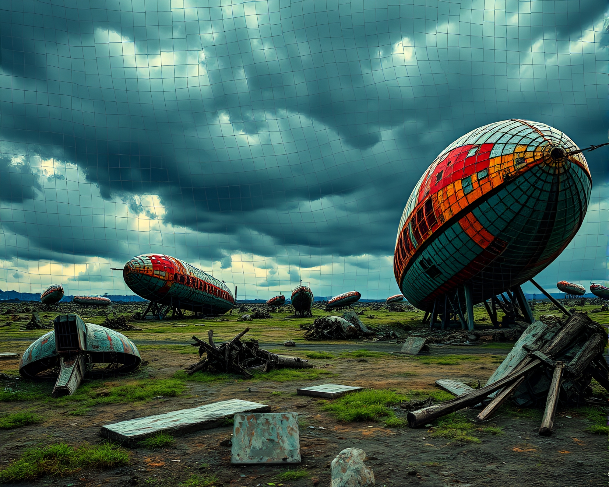 Eerie Mosaic Depiction of Zeppelin Graveyard – free AI stock image