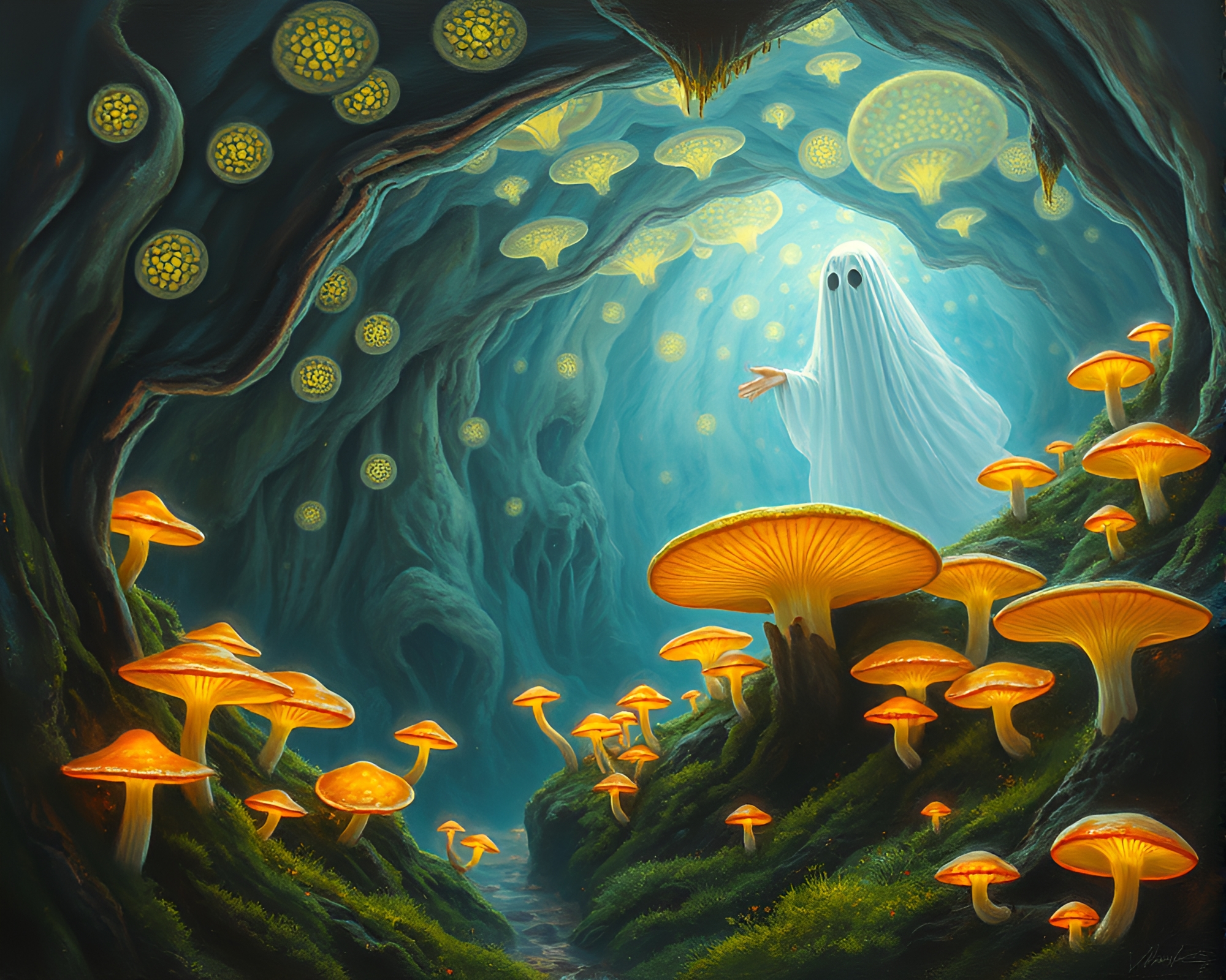 Ethereal Fungus Cavern with Haunting Painting – free AI stock image
