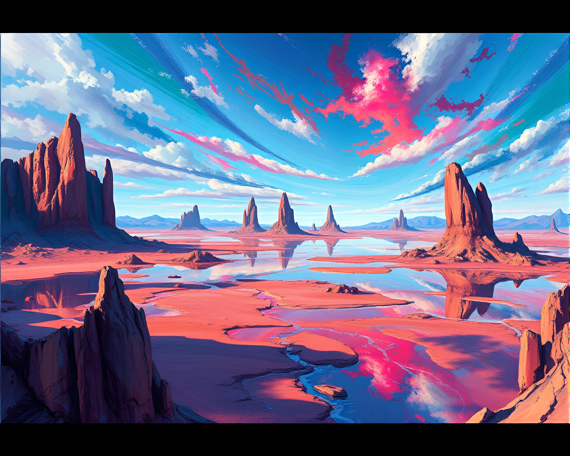 Surreal Landscape with Mirrored Horizon and Vibrant Colors – free AI stock image