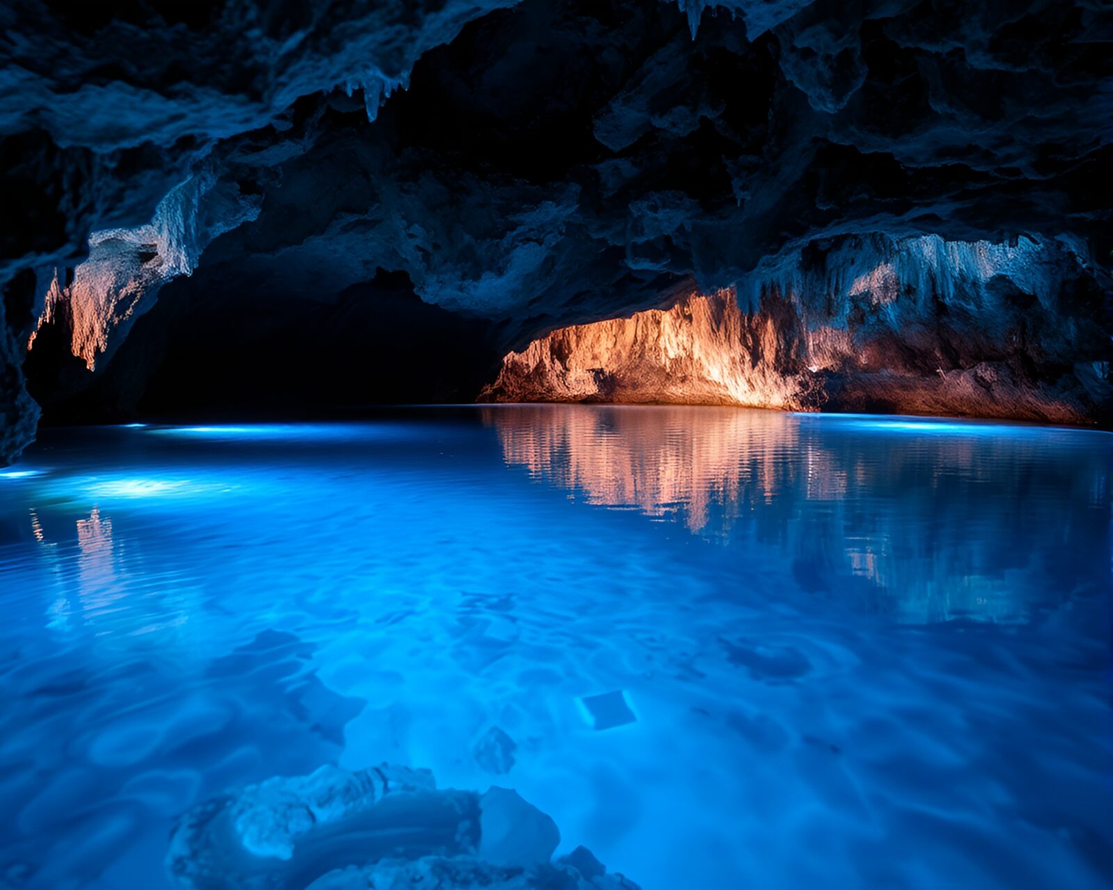 Shimmering crystals illuminate clear waters in magical cavern twilight