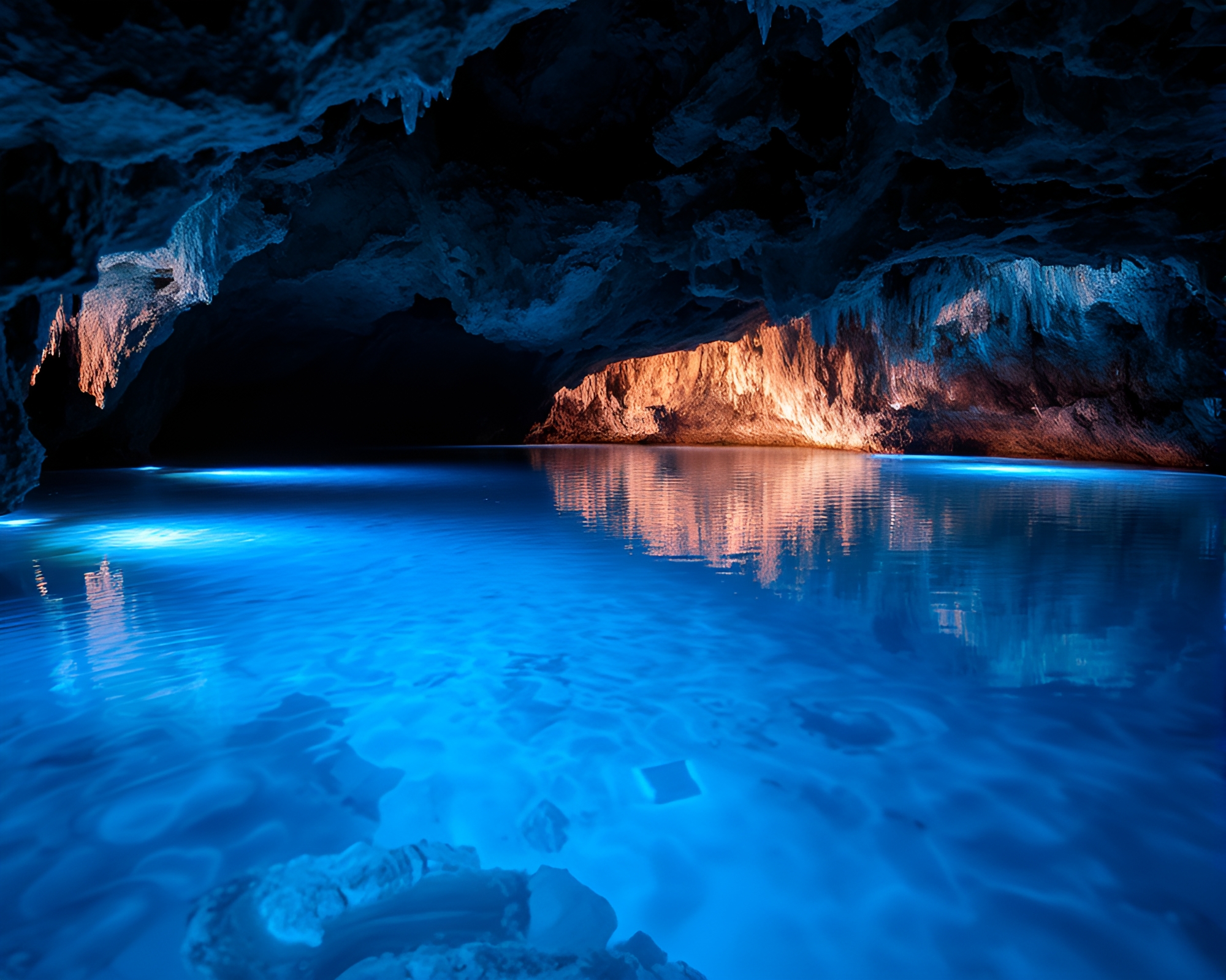 Enchanting Crystal Lake in Subterranean Cave at Twilight – free AI stock image
