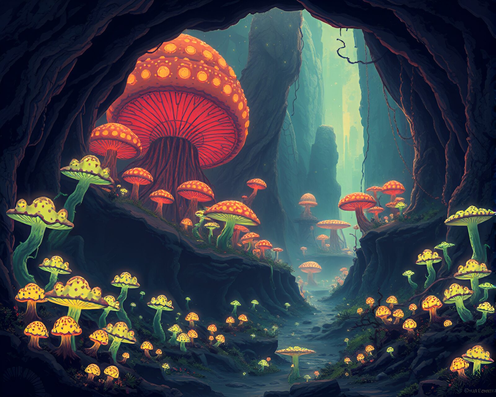 Majestic pixel art of luminescent fungi in decaying ruins