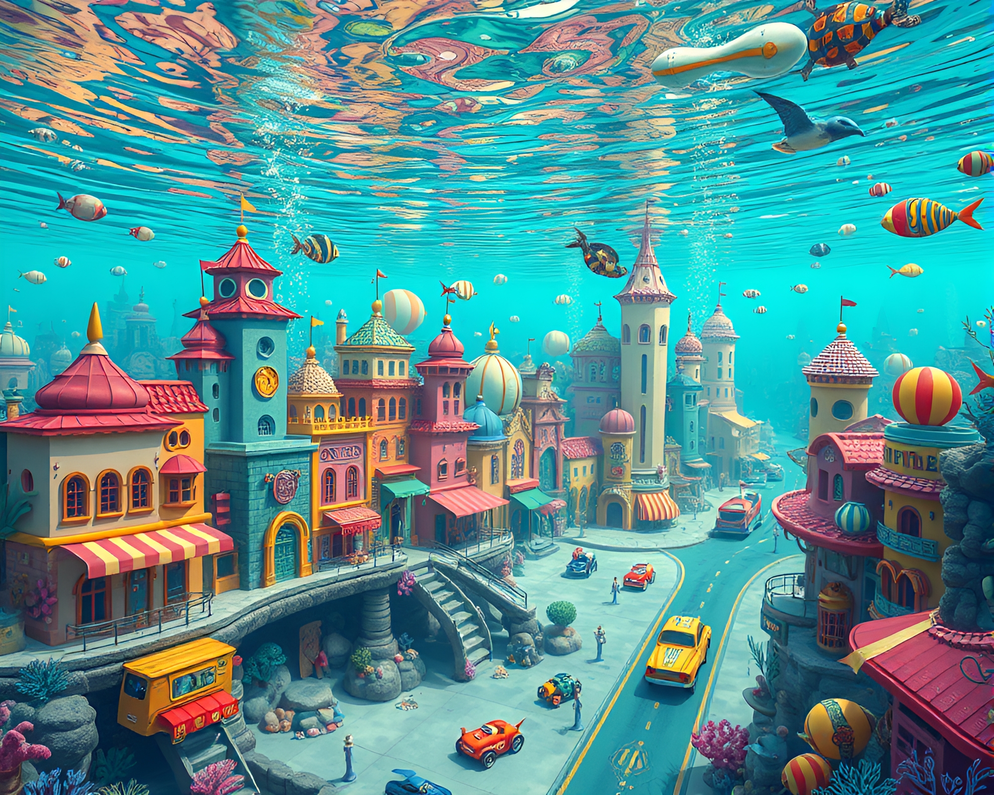 Whimsical Sunken Cityscape with Vibrant Design Elements – free AI stock image