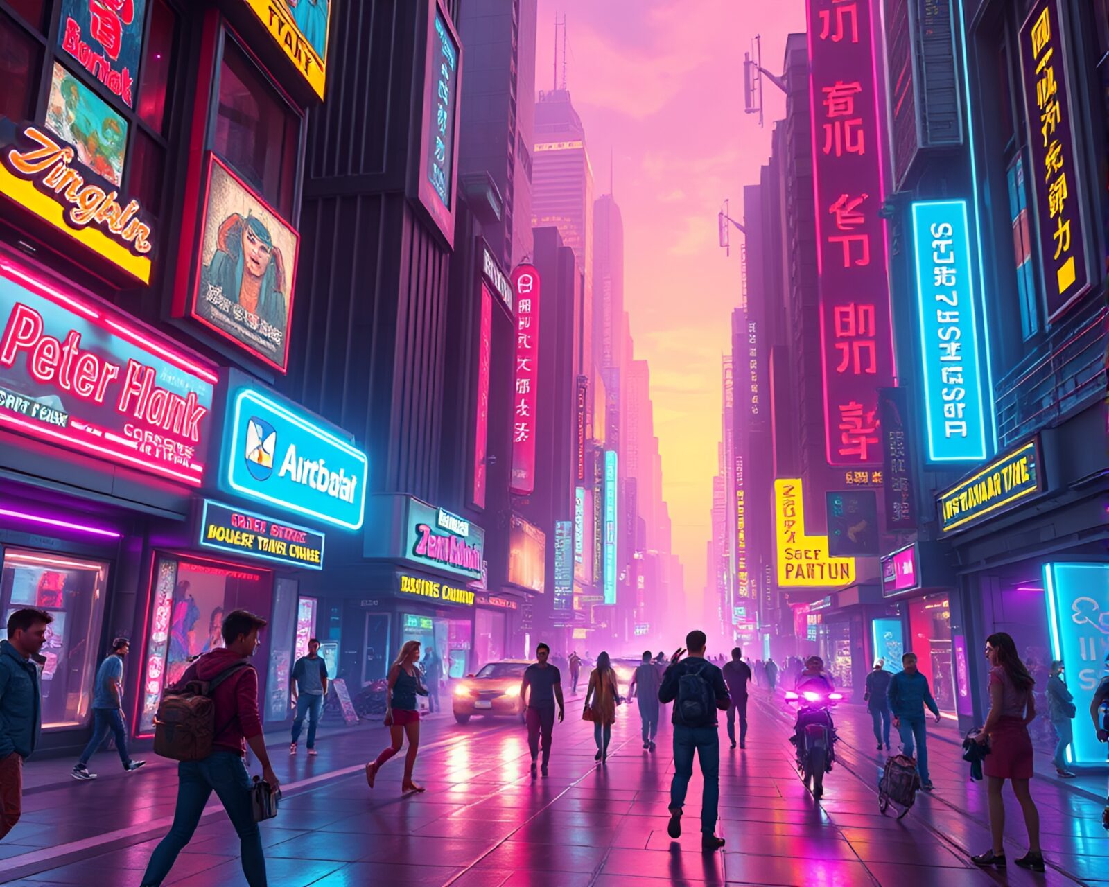 Vibrant cityscape with futuristic vehicles and holographic ads.