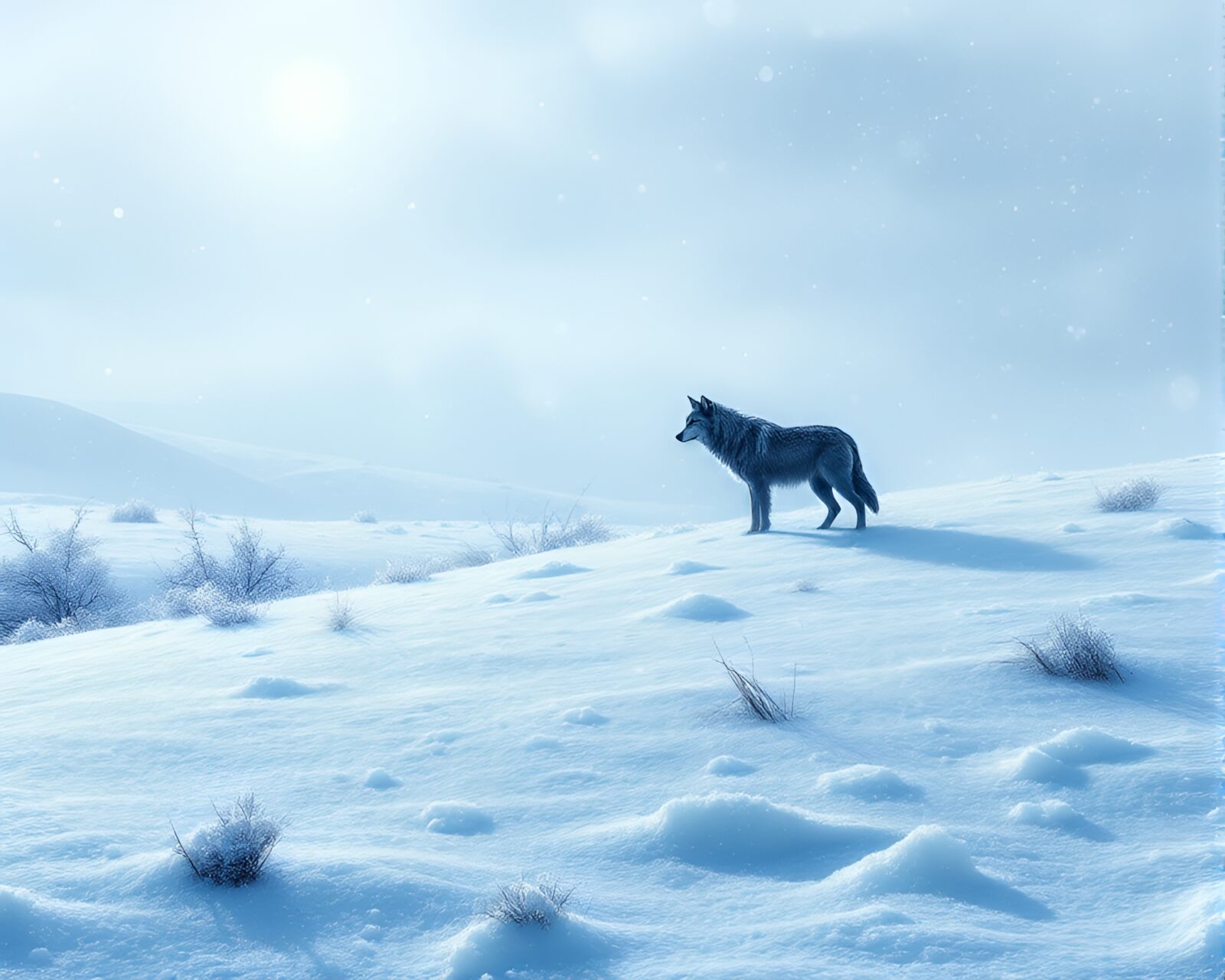 Mesmerizing frost plains under full moon with lone wolf sketch