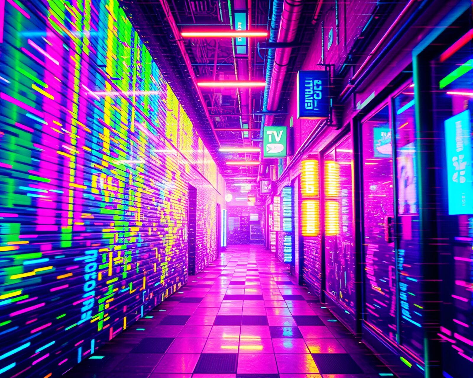 Neon-soaked alleyway with pulsating 8-bit glitch art at twilight