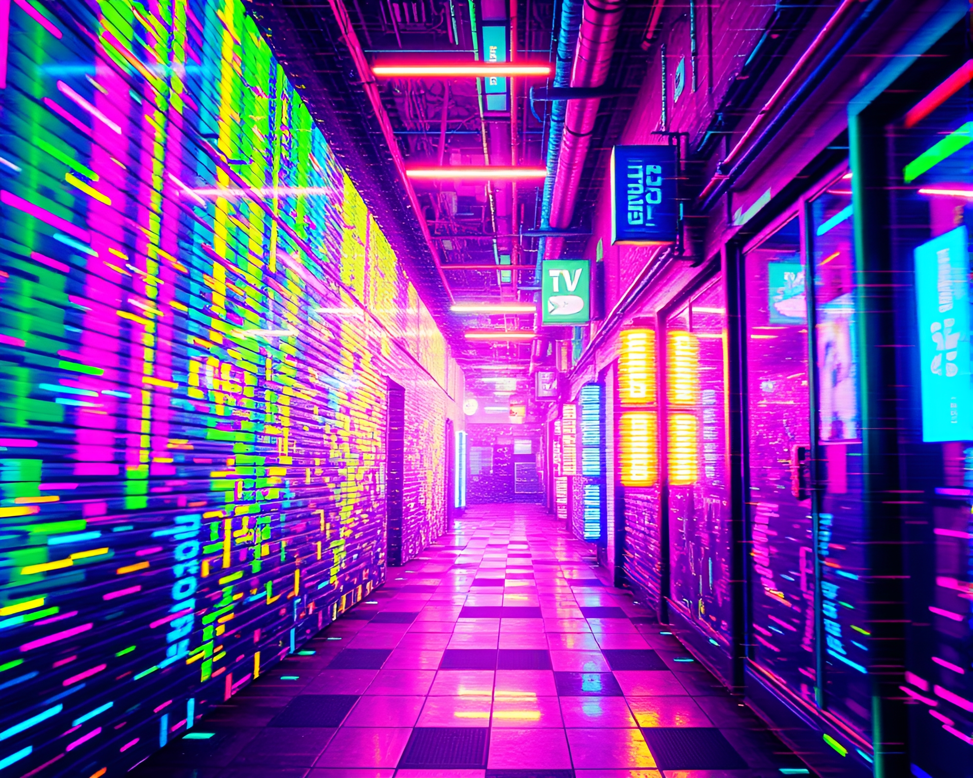 Mesmerizing 8-Bit Glitch Art in Neon Alleyway – free AI stock image