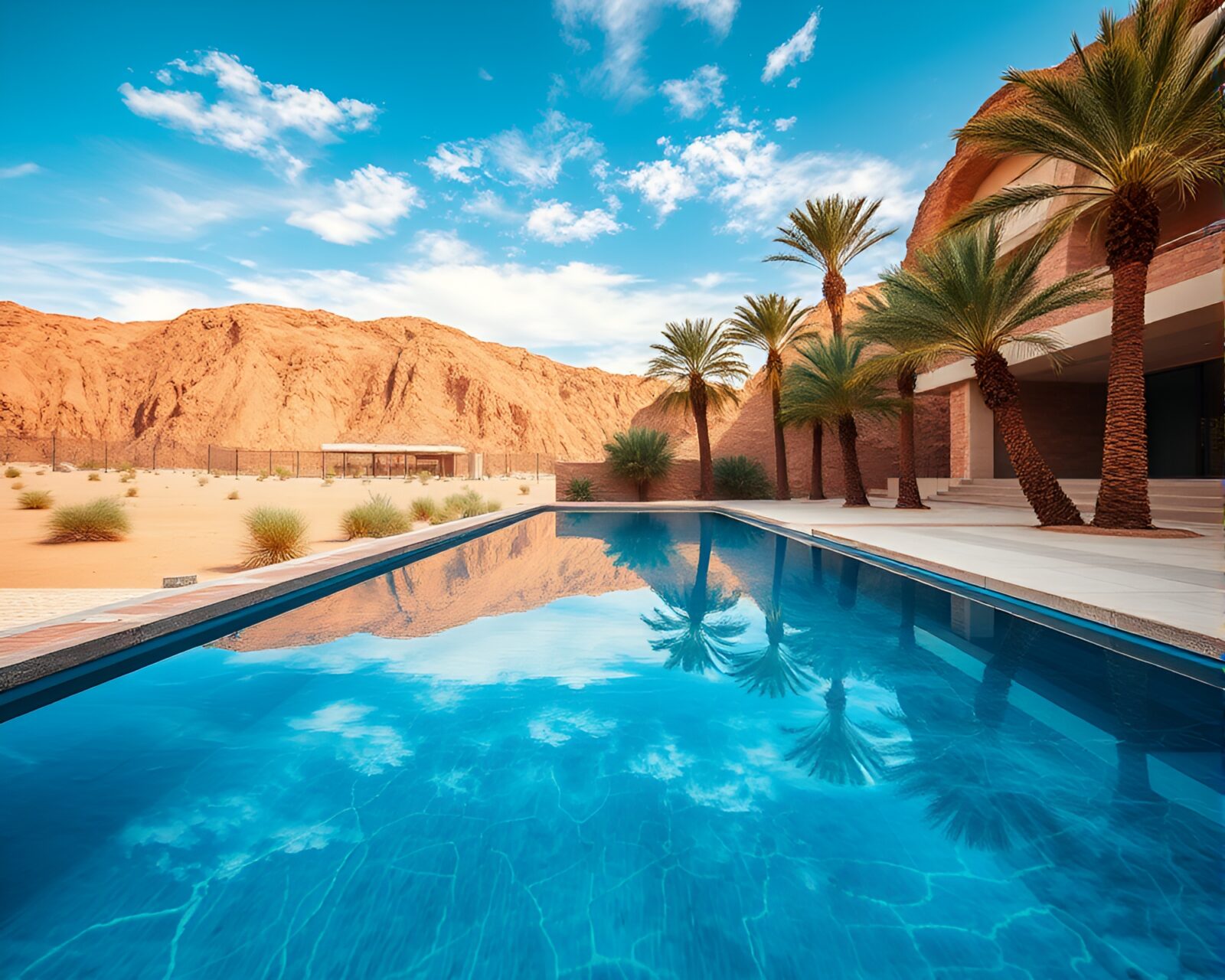 Scenic image of mirror pool oasis in desert landscape