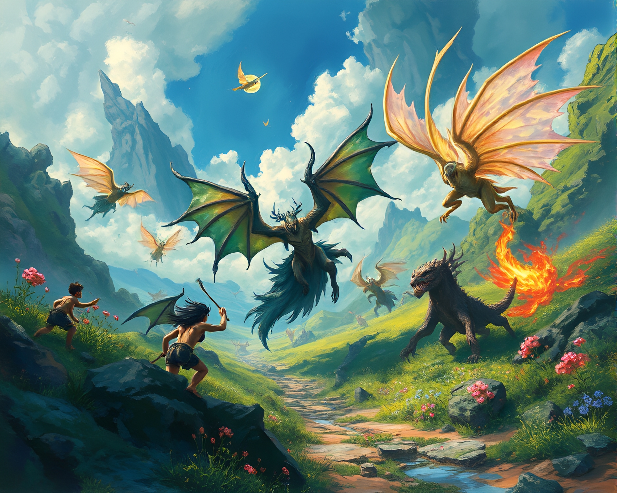 Ethereal Spirits Clash in Spectral Gouache Battlefield Painting – free AI stock image