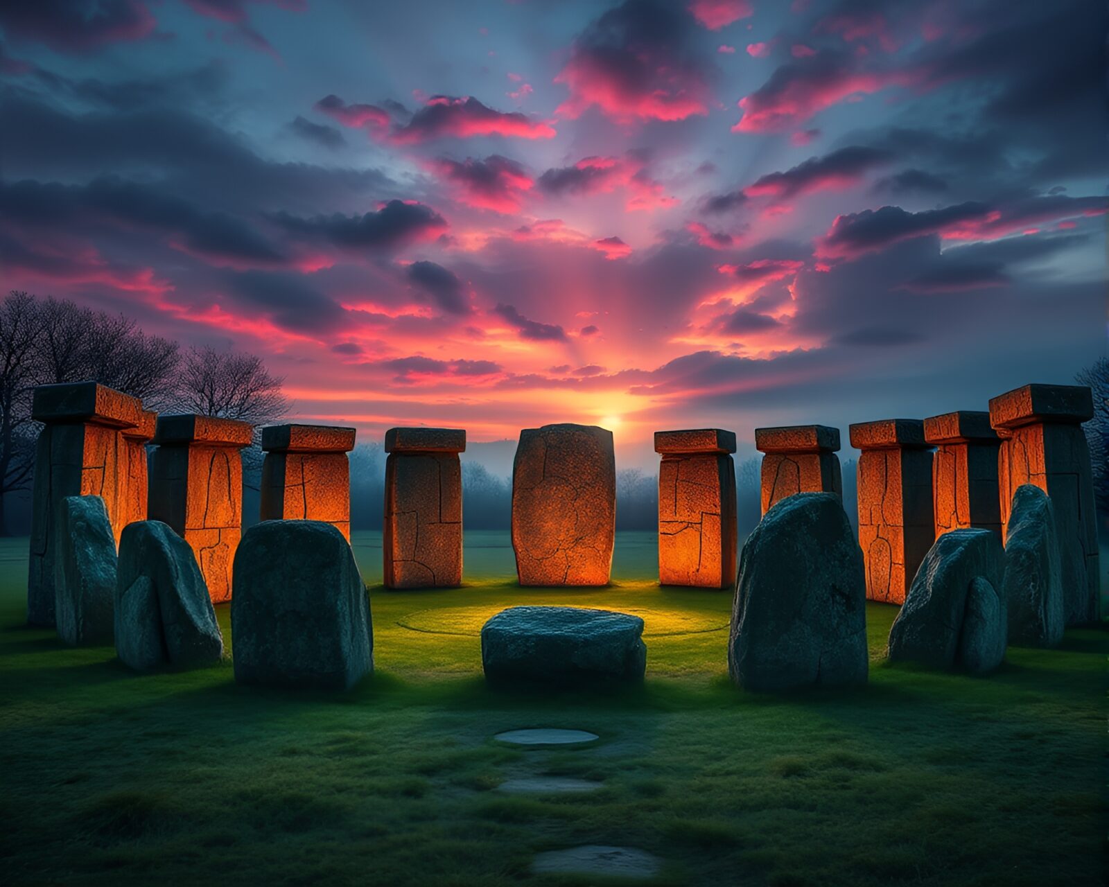 Ancient stone circle glowing in twilight's magical hues