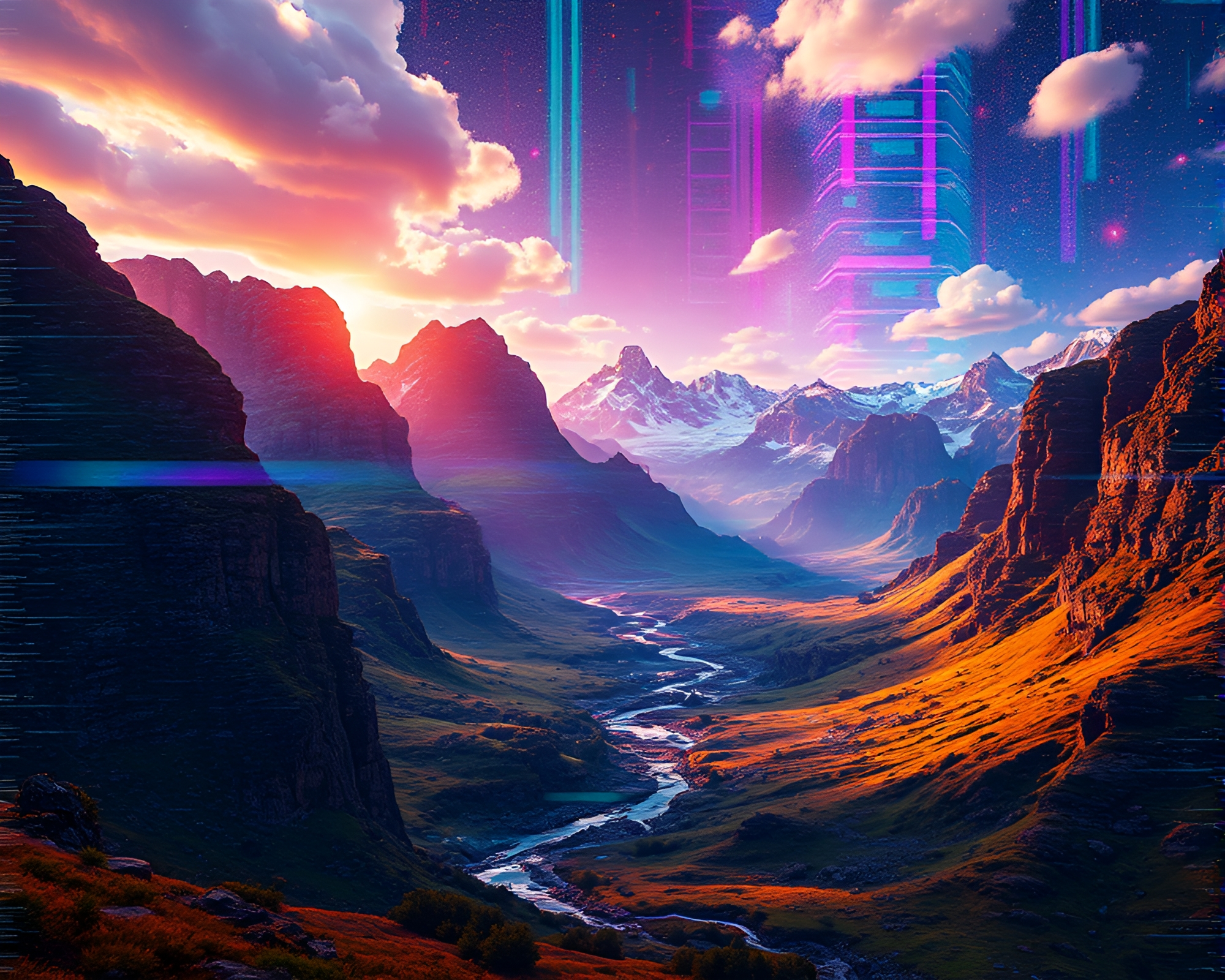 Glitch Art Landscapes: Stunning Frost-Covered Plains Under the Sun – free AI stock image