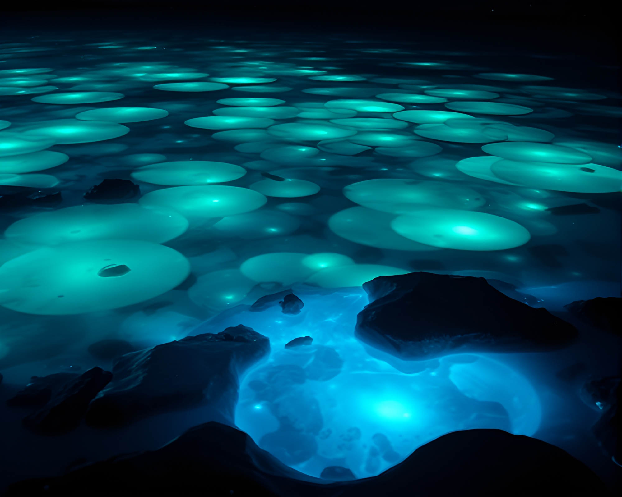 Enchanting Bioluminescent Tide Pool in Graphic Design Style – free AI stock image