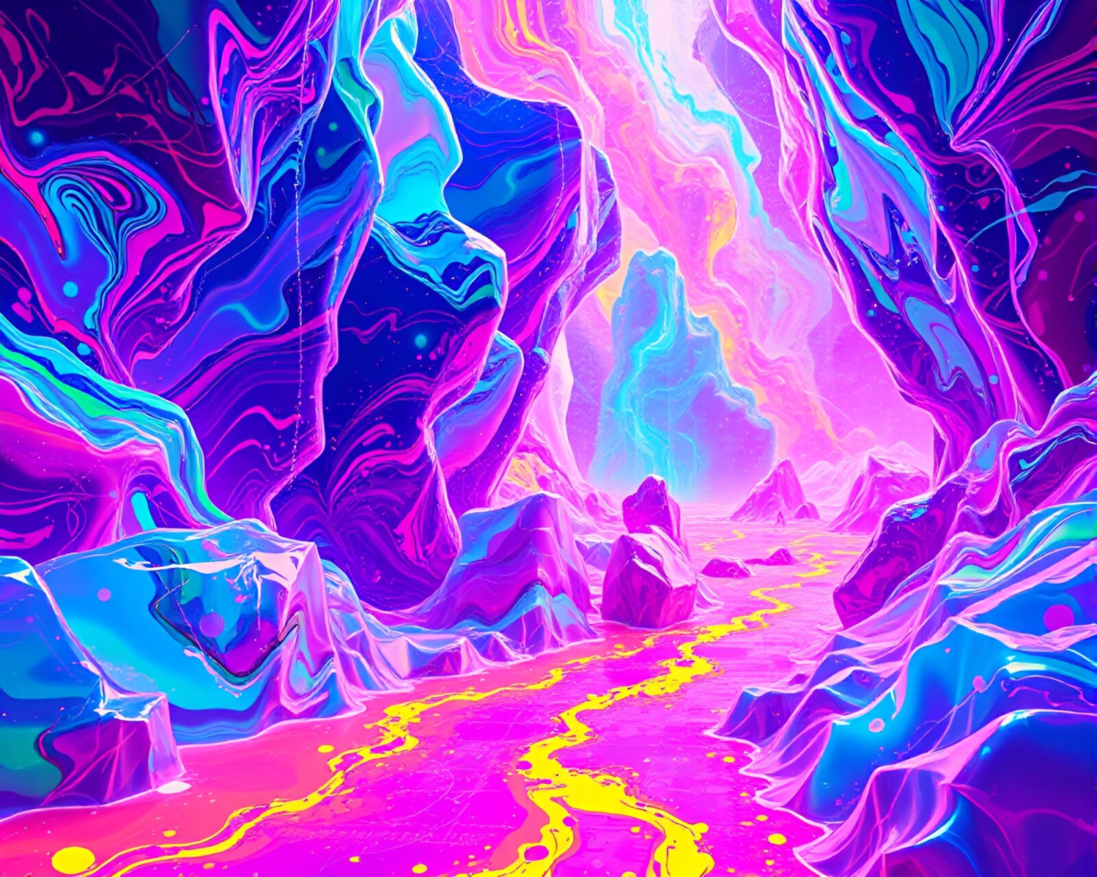 Vibrant psychedelic colors with neon data stream in acrylic painting