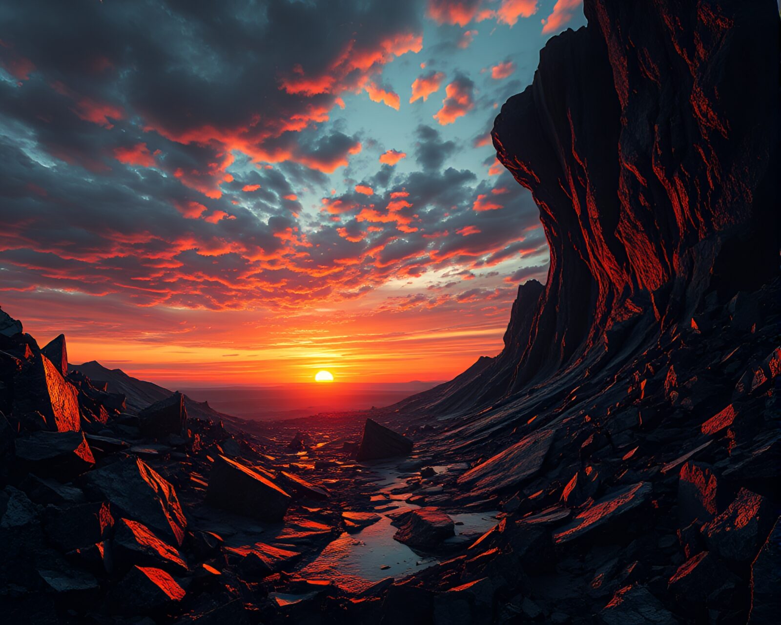 Desolate plain with black glass shards under dim sunset light
