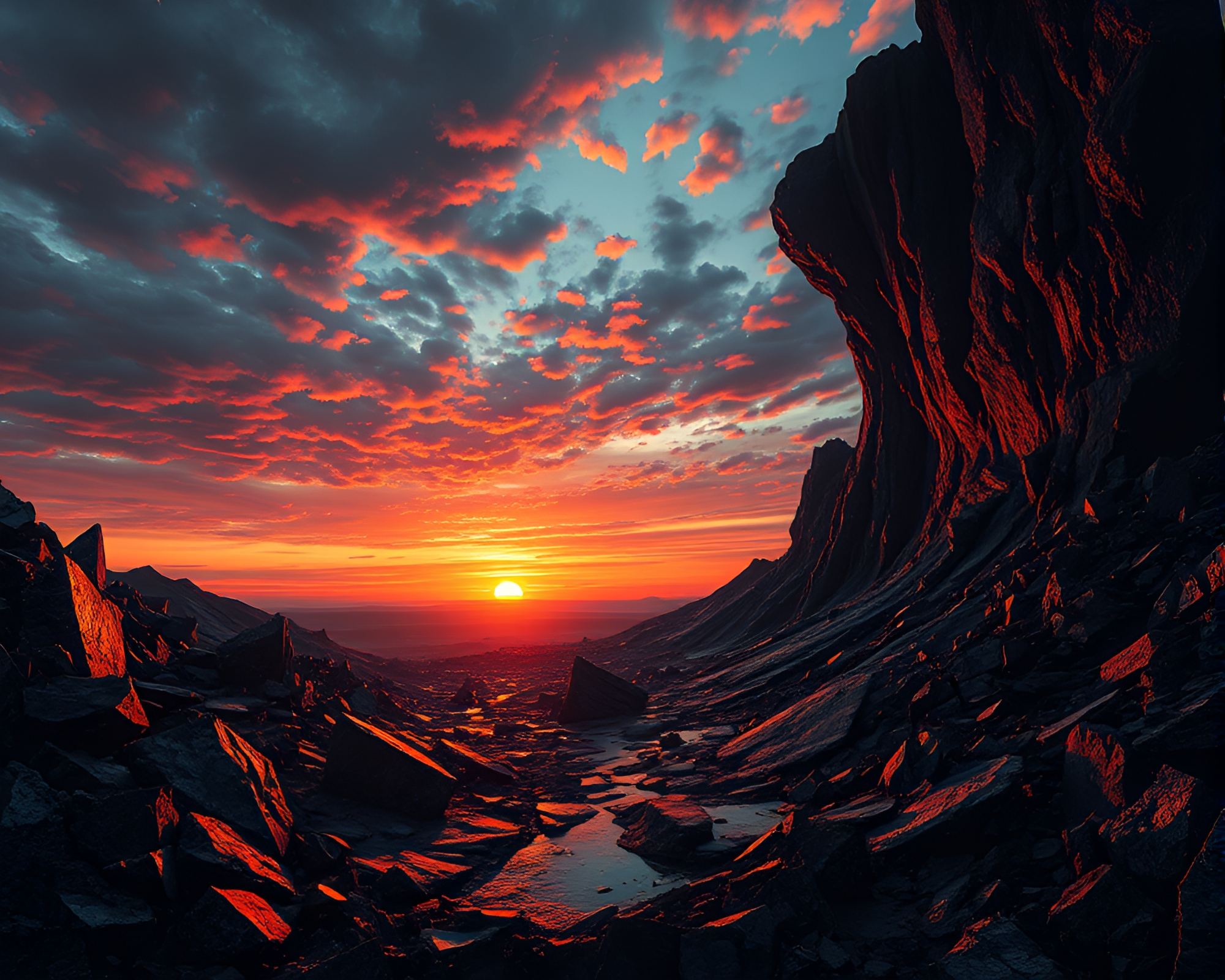 Melancholic Sunset Shimmering on Volcanic Glass Landscape – free AI stock image