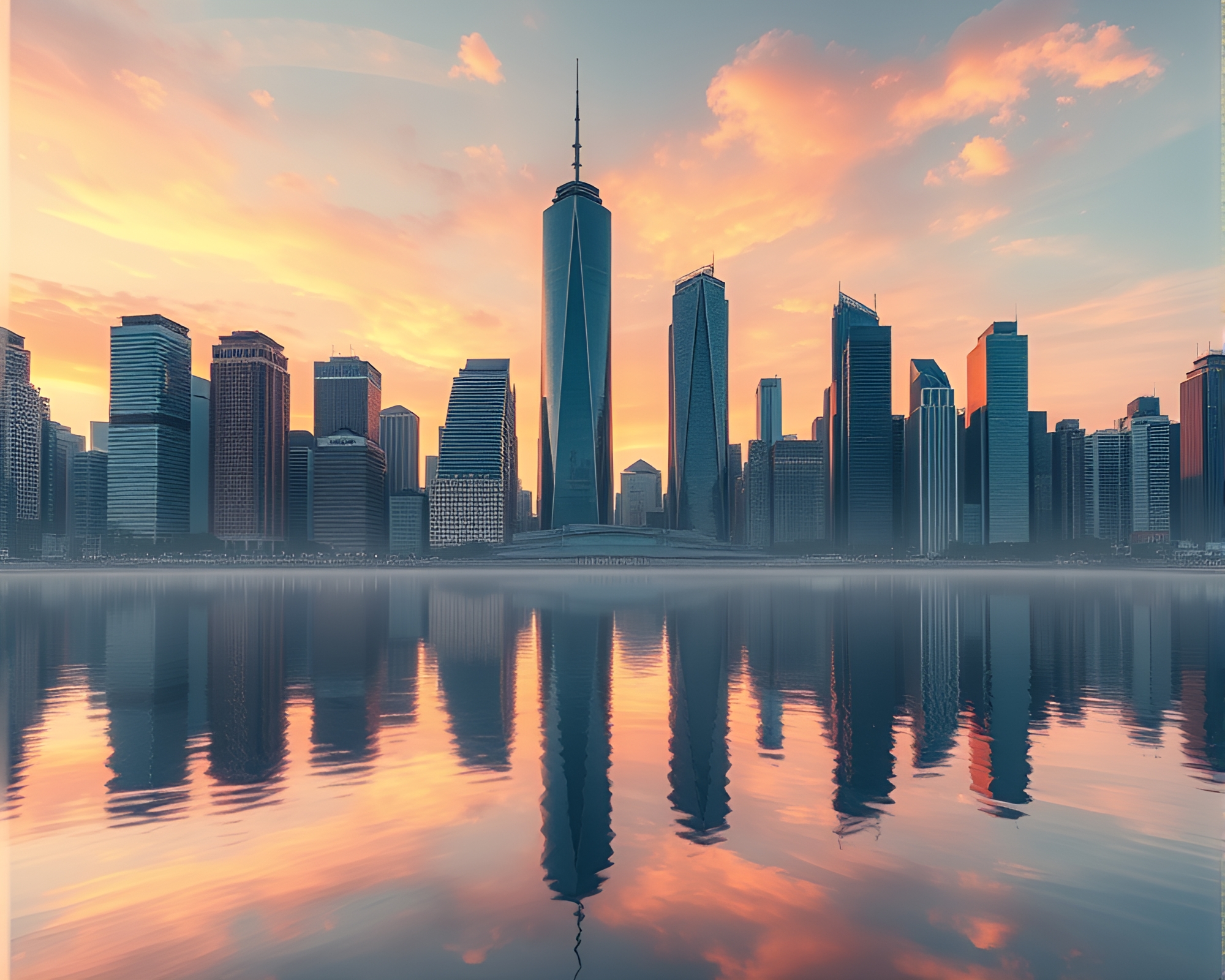 Pastel Sunset Skyscrapers Reflecting in Glassy Lake Cityscape – free AI stock image