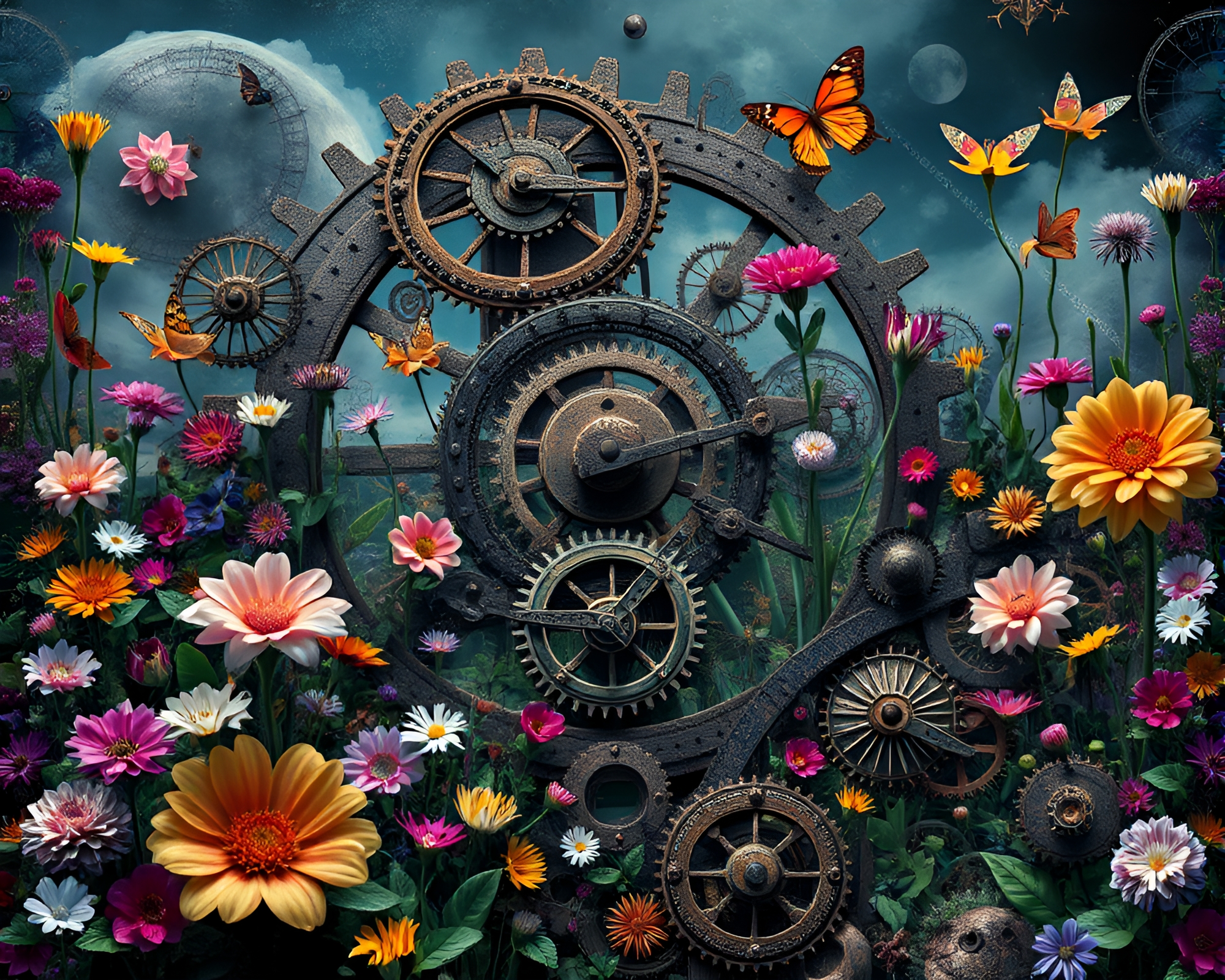 Mystical Clockwork Garden Collage Comes to Life – free AI stock image