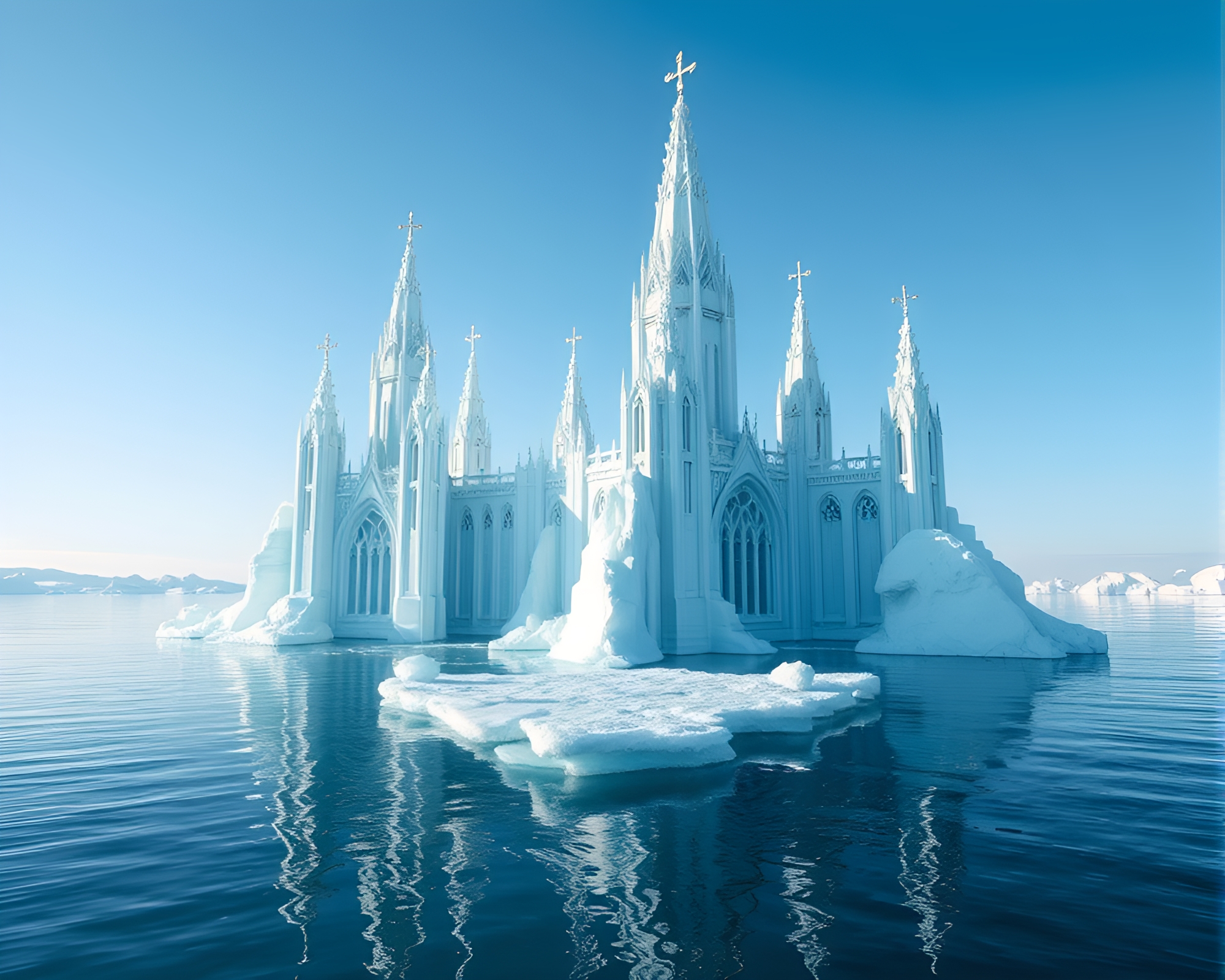 Majestic Iceberg Cathedral Amidst Calm Waters – free AI stock image