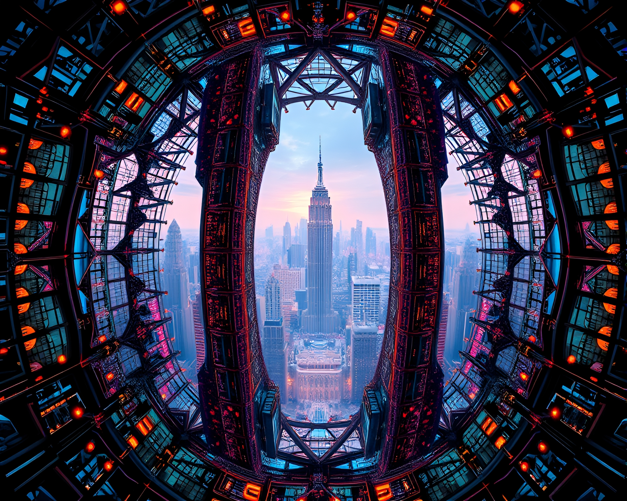 Symmetrical Futuristic Cityscape with Fractal Grid Network – free AI stock image
