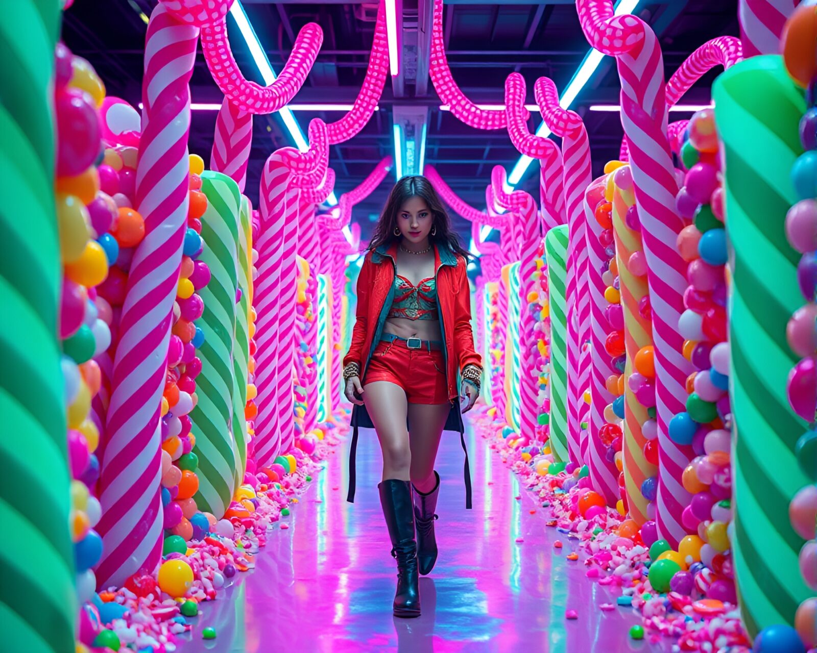 Model in reflective clothing walks through neon-lit candy maze