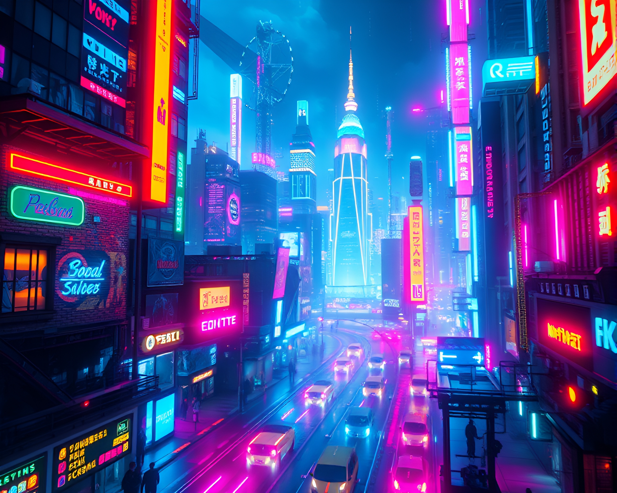 Vibrant Futuristic Cityscape Glows with Kinetic Neon Lights – free AI stock image