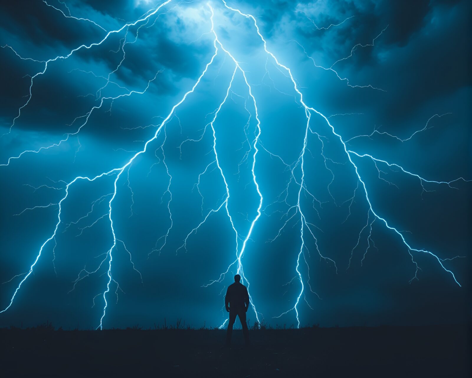 Intense electric storm with a lone figure facing it bravely