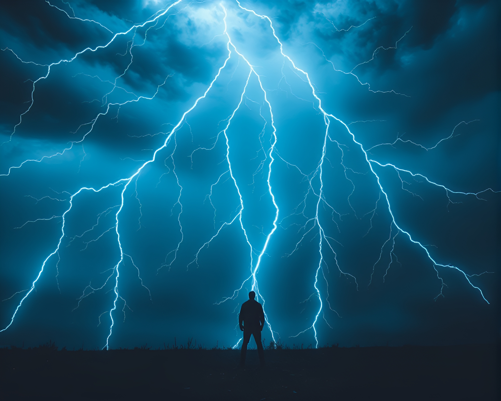 Ethereal Lightning Storm: Lone Figure Against Nature’s Fury – free AI stock image