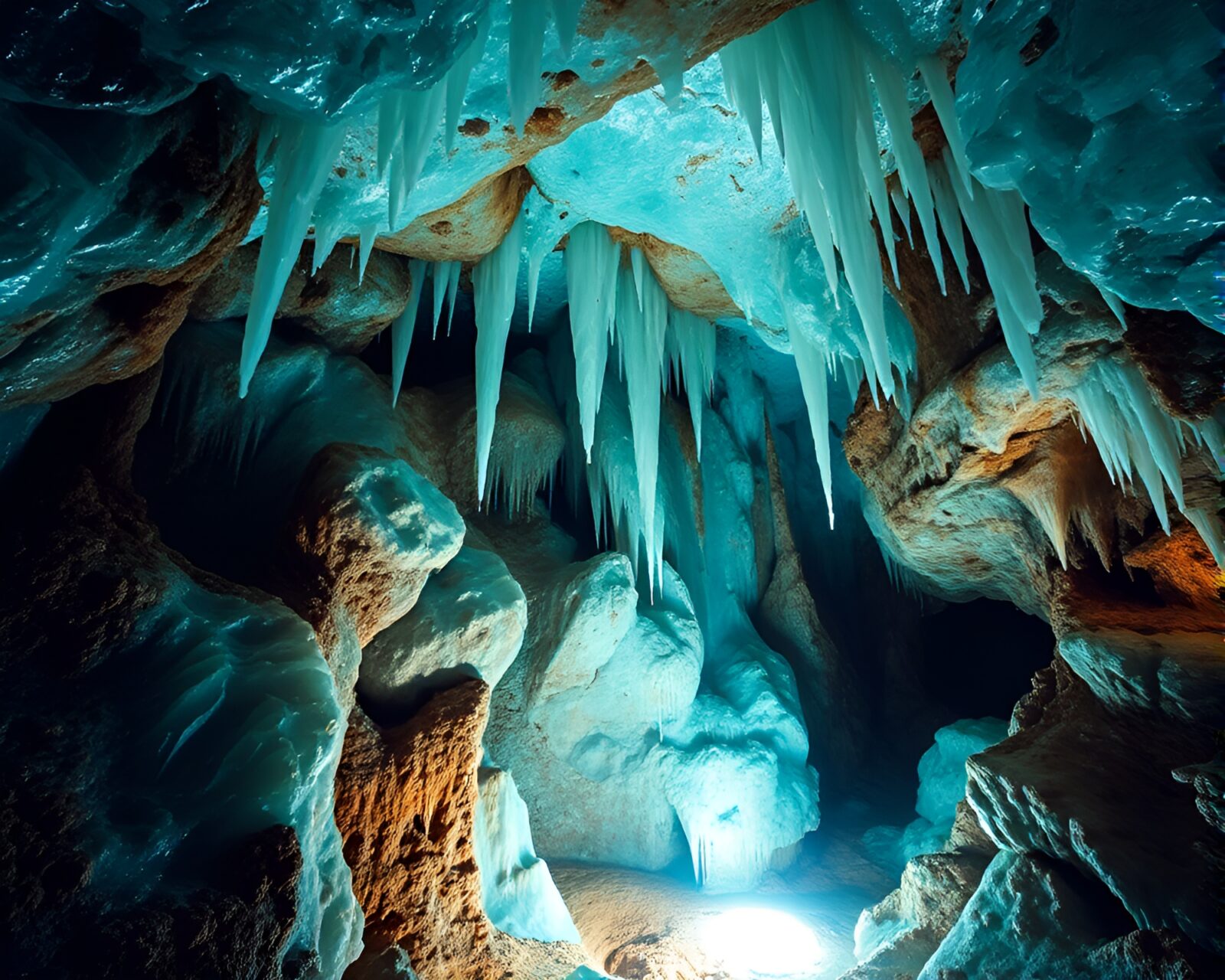 Ethereal glow in an underground crystal cavern with stalactites and stalagmites