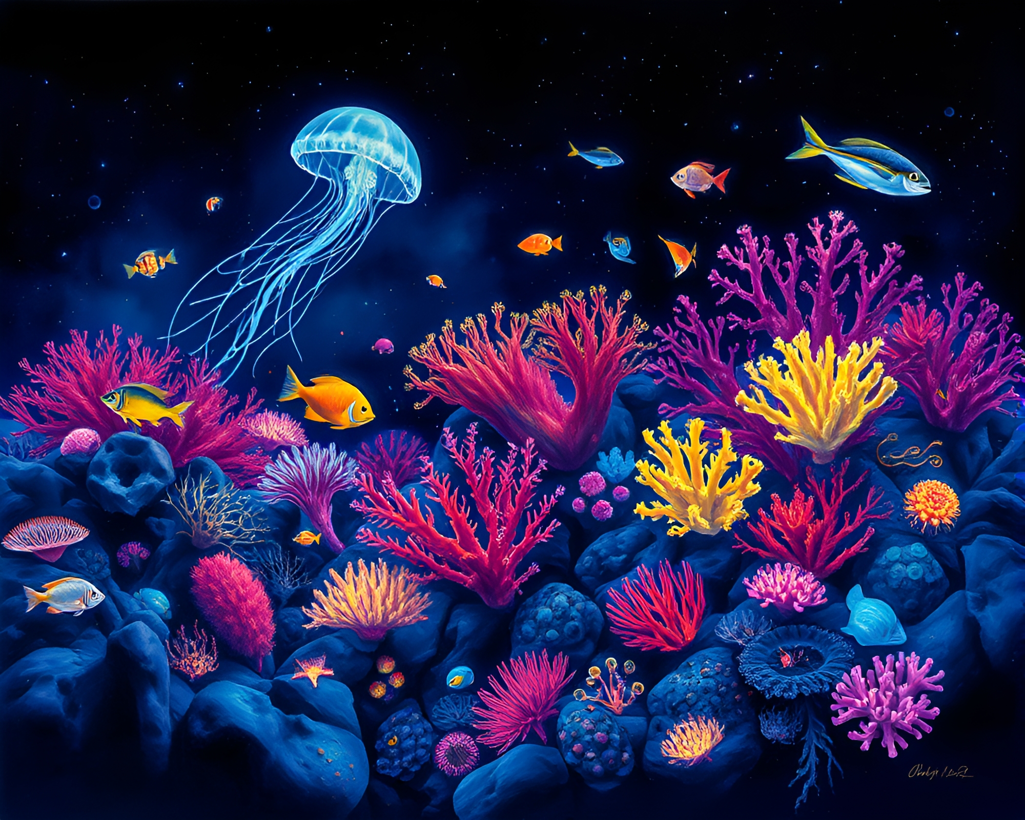 Glowing Bioluminescent Coral Reef Gouache Illustration – free AI stock image