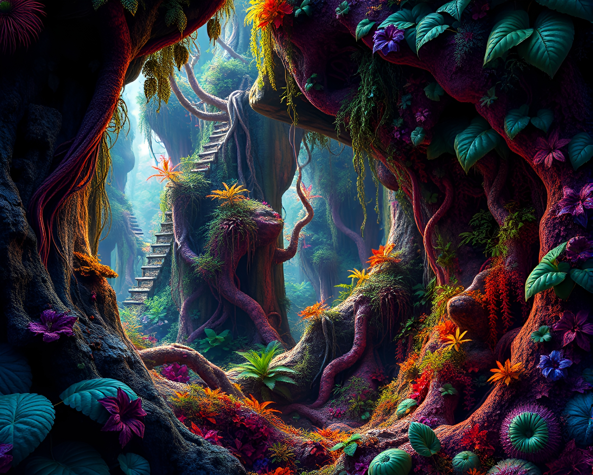 Enchanting Ancient Jungle with Intricate Fractal Patterns – free AI stock image