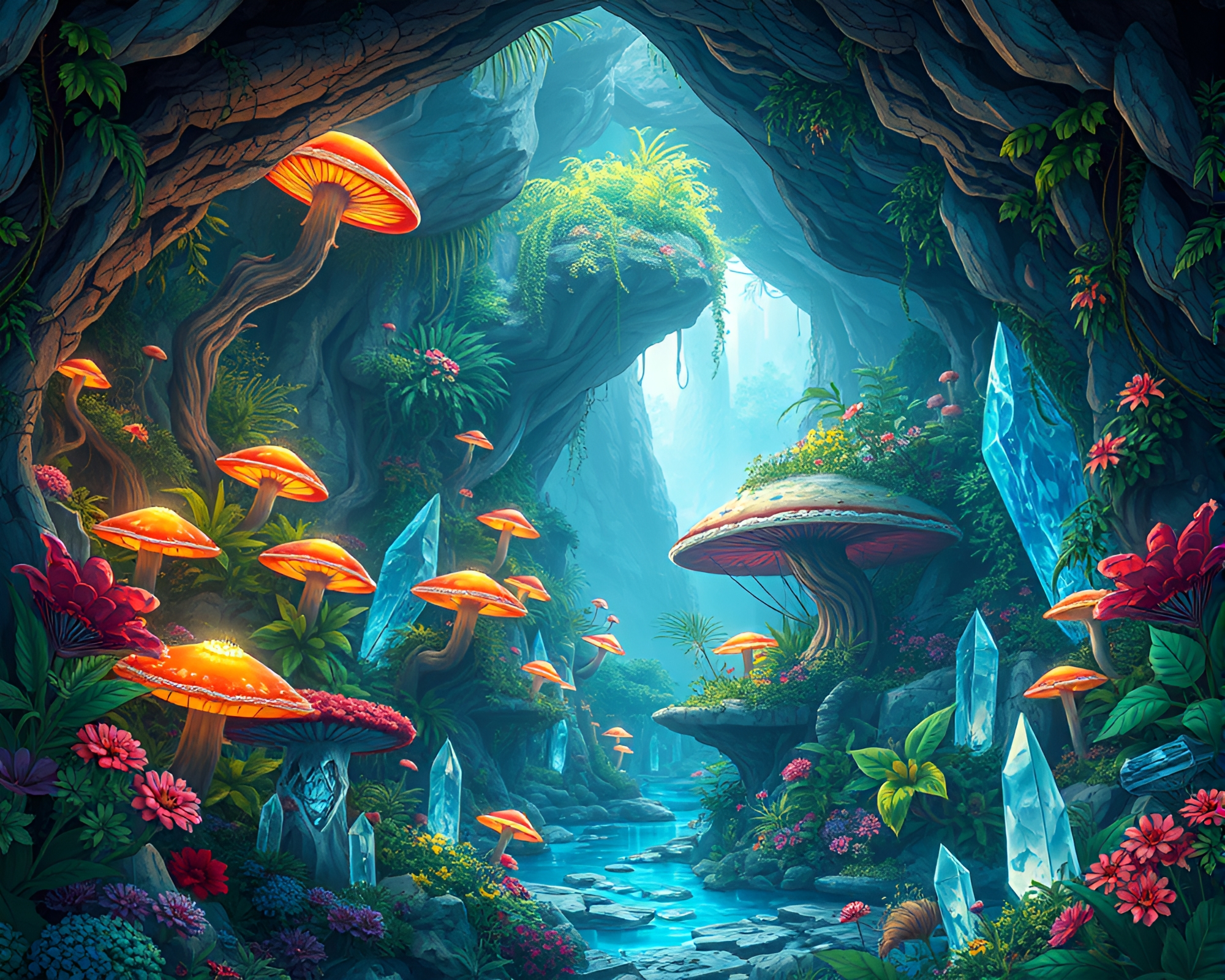 Vibrant Subterranean Botanical Garden in Anime Fantasy – free AI stock image