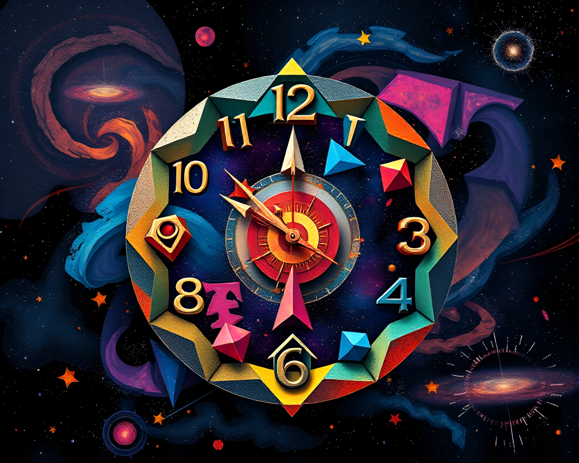 Surreal Cosmic Cubist Clock: Abstract Composition with Vibrant Colors – free AI stock image