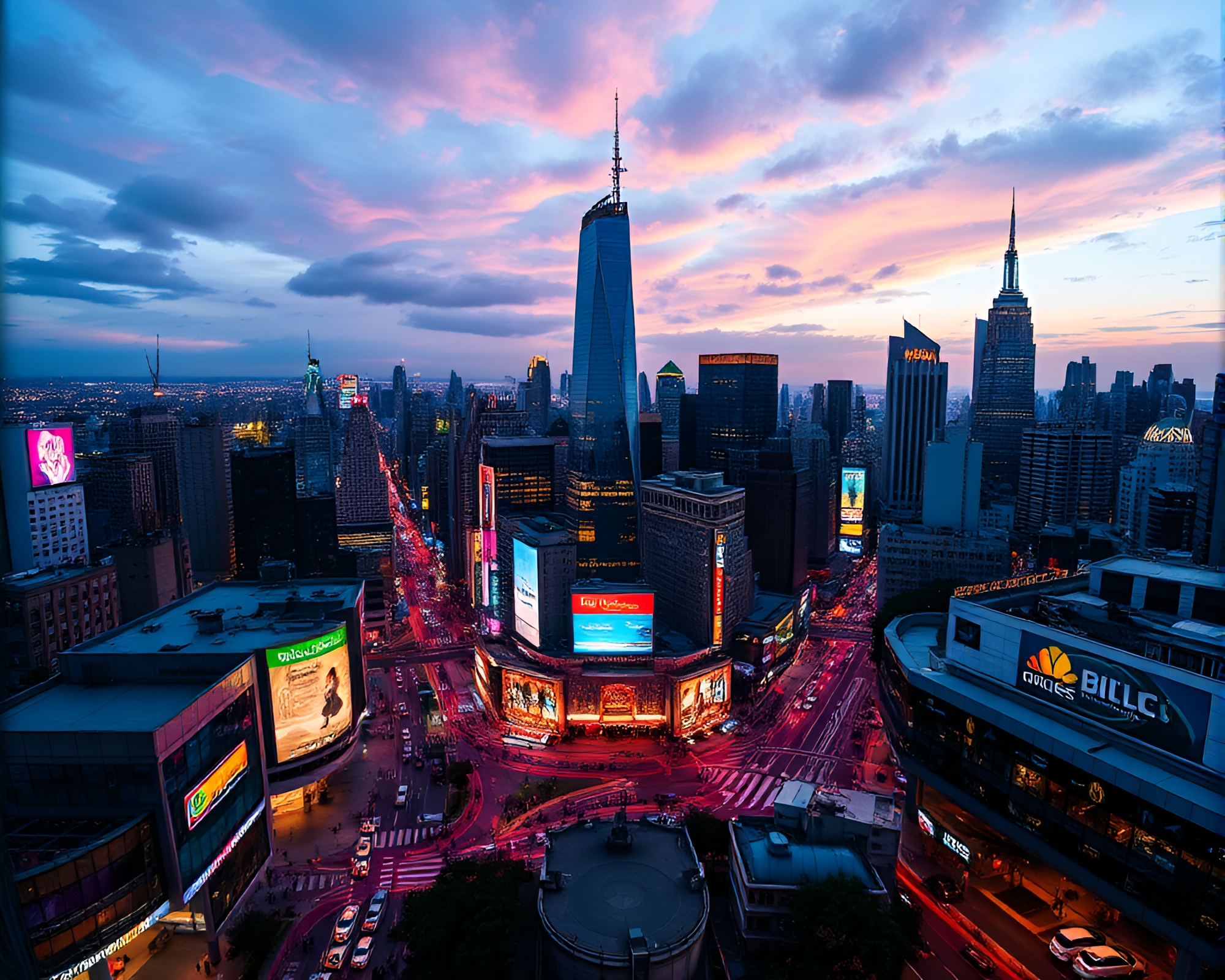 Vibrant Cityscape Collage with Neon Lights – free AI stock image