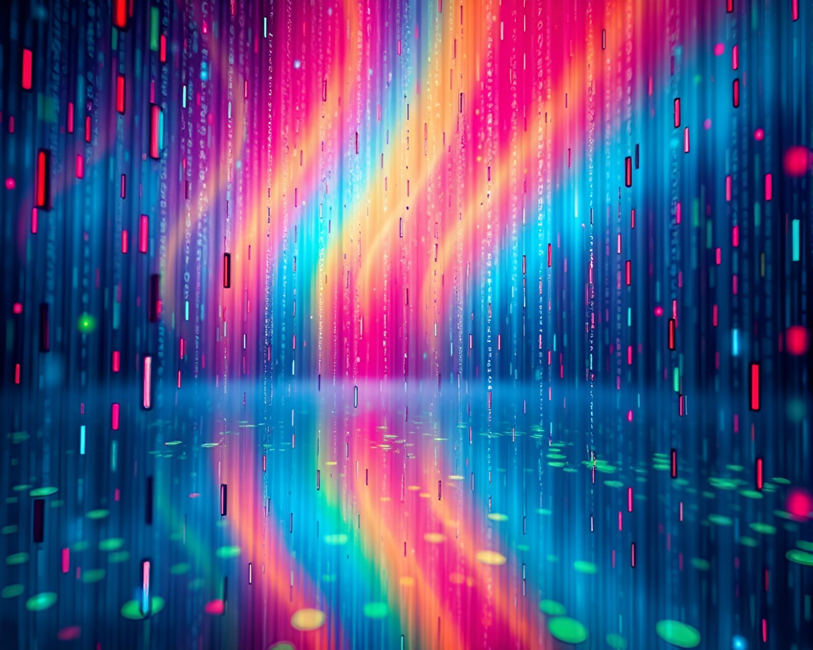 Vibrant and intricate binary code raining down in artwork