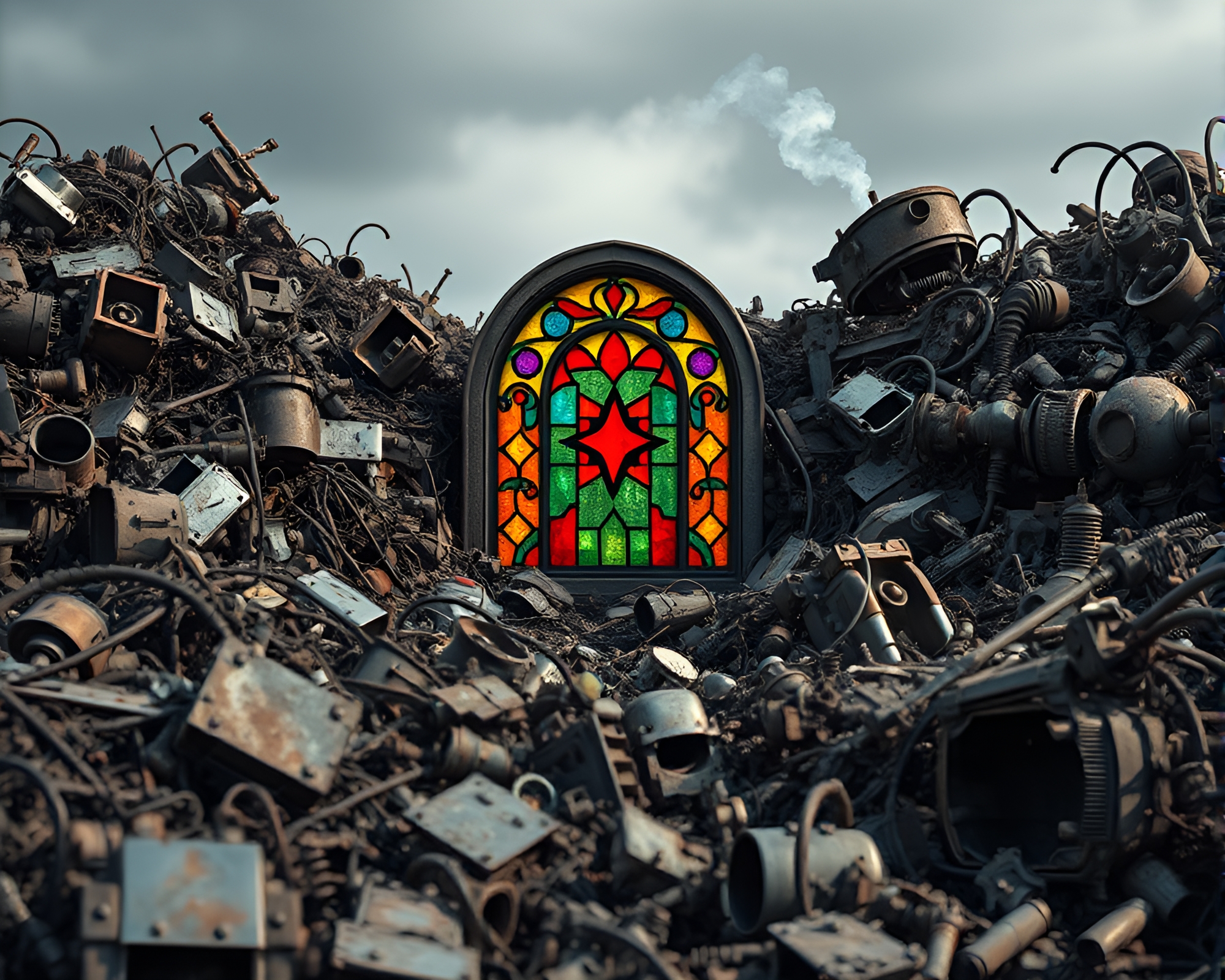 Decay and Elegance in Robotic Junkyard Stained Glass – free AI stock image