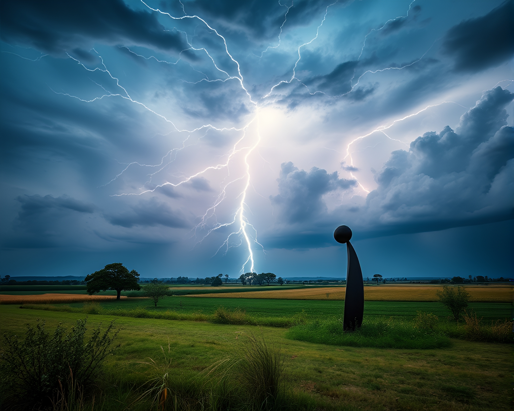 Electric Storm Brewing Over Tranquil Countryside Landscape – free AI stock image