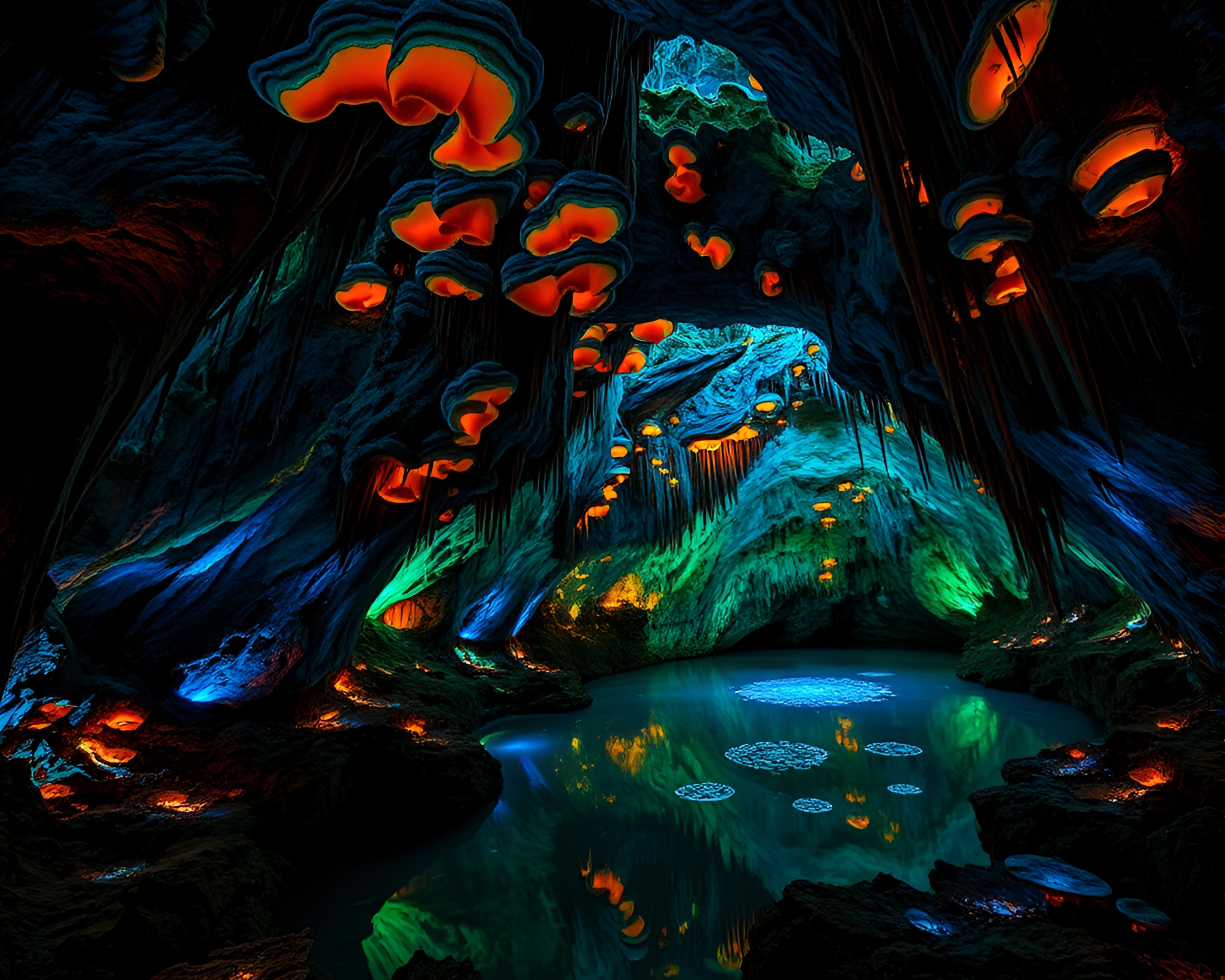 Vibrant Bioluminescent Fungus Cavern Illuminated by Ethereal Light – free AI stock image