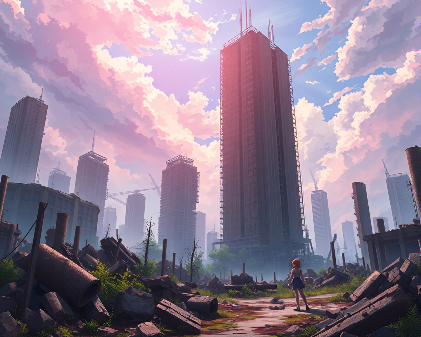 Colorful anime characters exploring post-apocalyptic wasteland amidst toxic fog