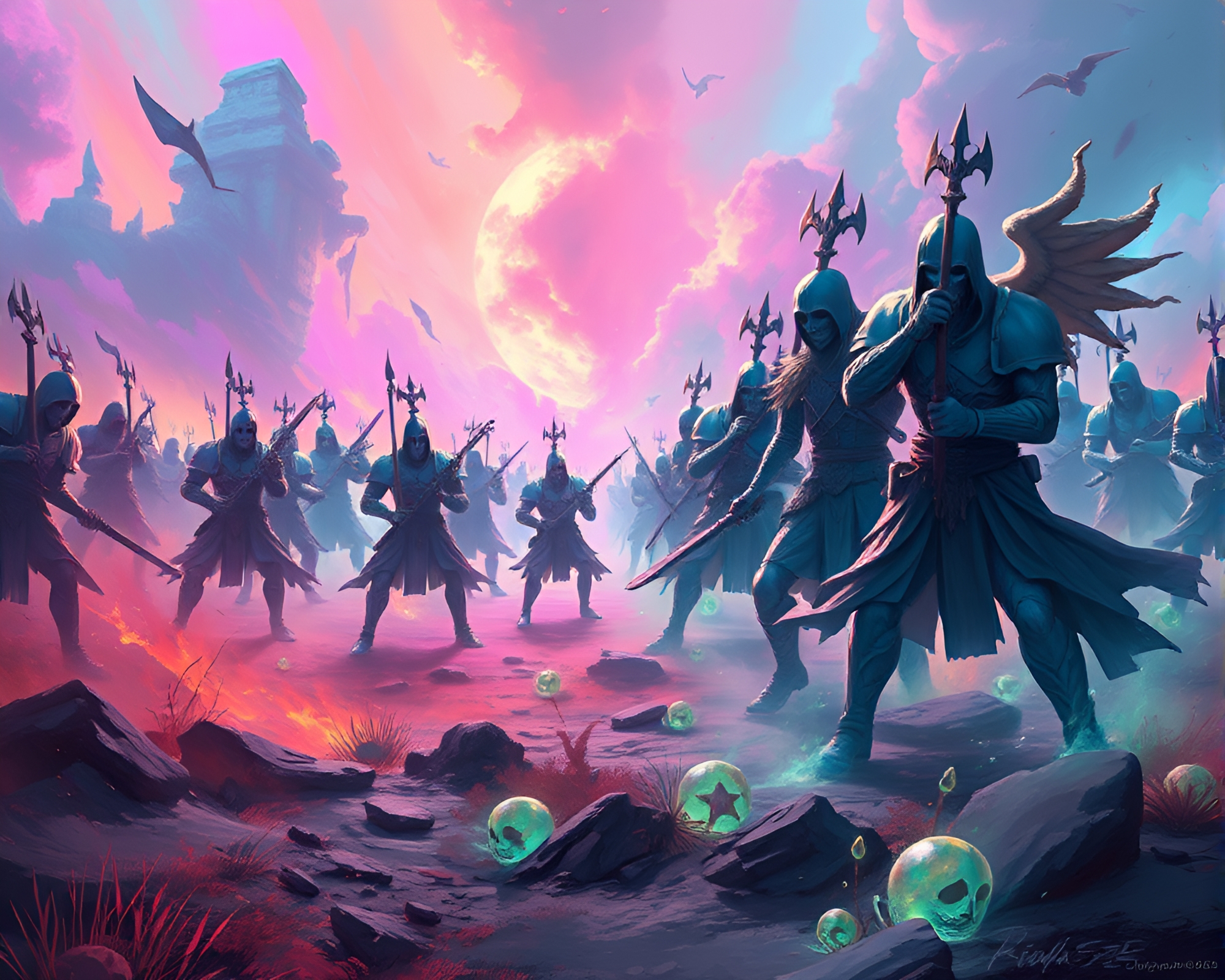 Ethereal Soldiers Engage in Playful Battle on Spectral Battlefield – free AI stock image