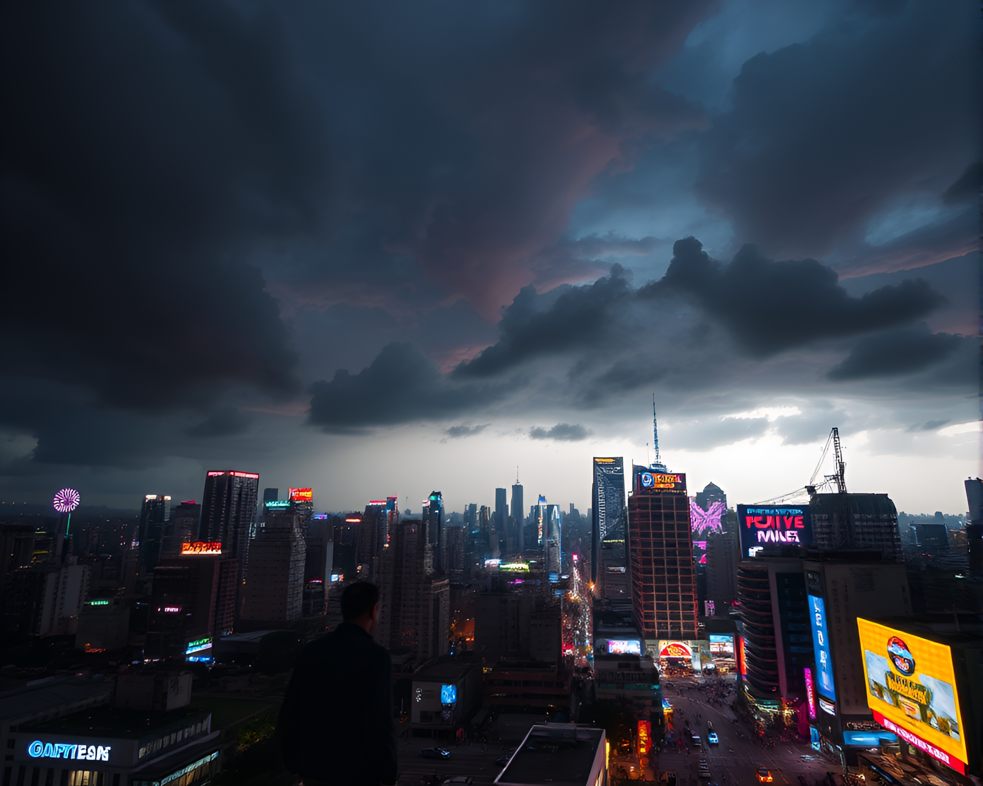 Vibrant Neon Cityscape Under Stormy Skies Time-lapse – free AI stock image