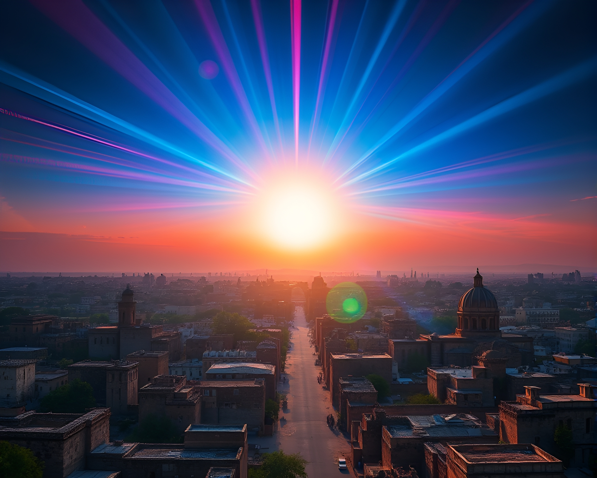 Surreal Solar Flare Enhances Ancient Cityscape – free AI stock image