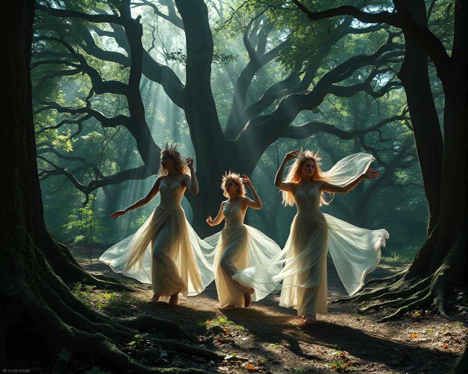 Mystical beings with flowing garments dance in ethereal forest