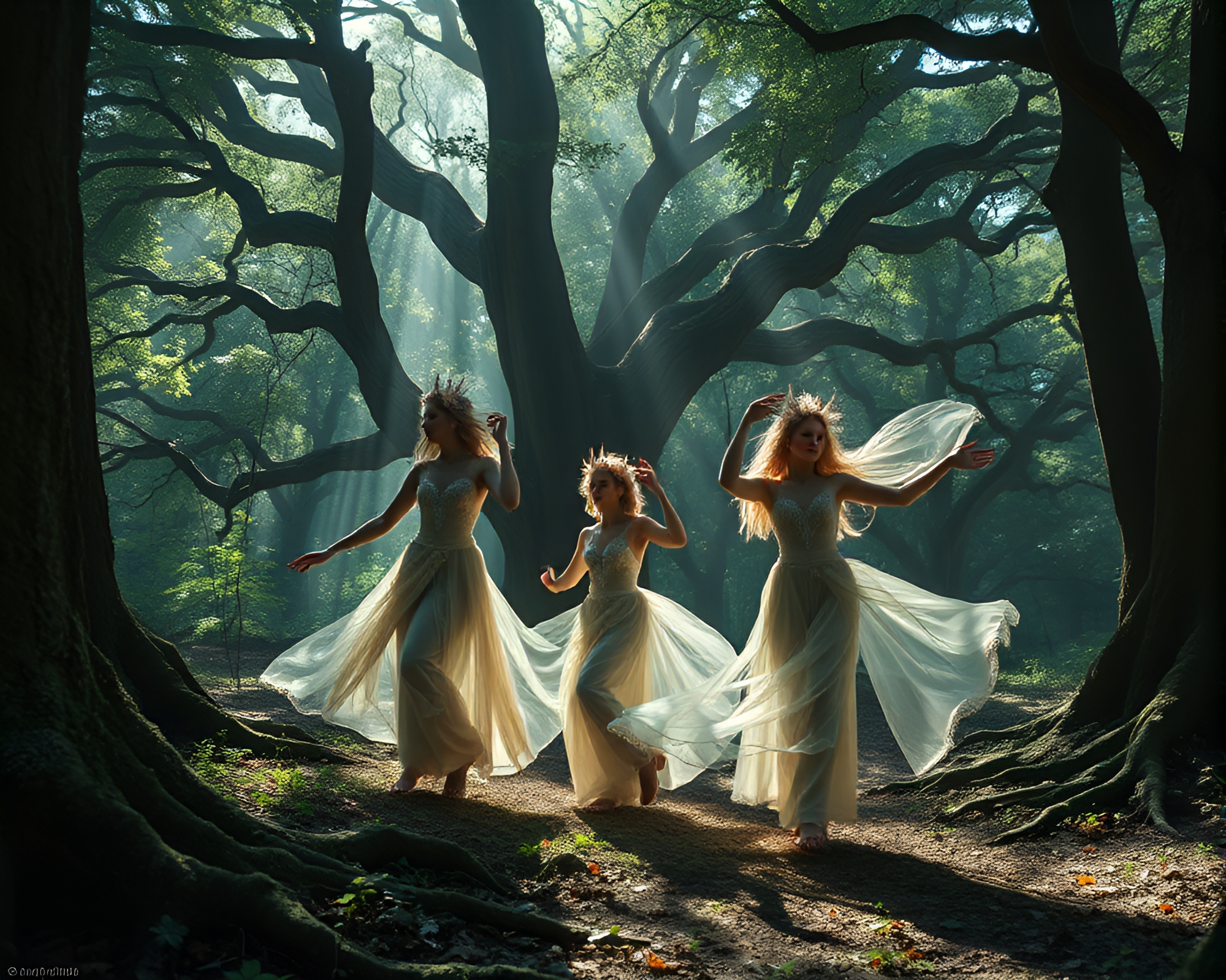 Enchanted Spectral Beings in Ethereal Oak Forest Dance – free AI stock image