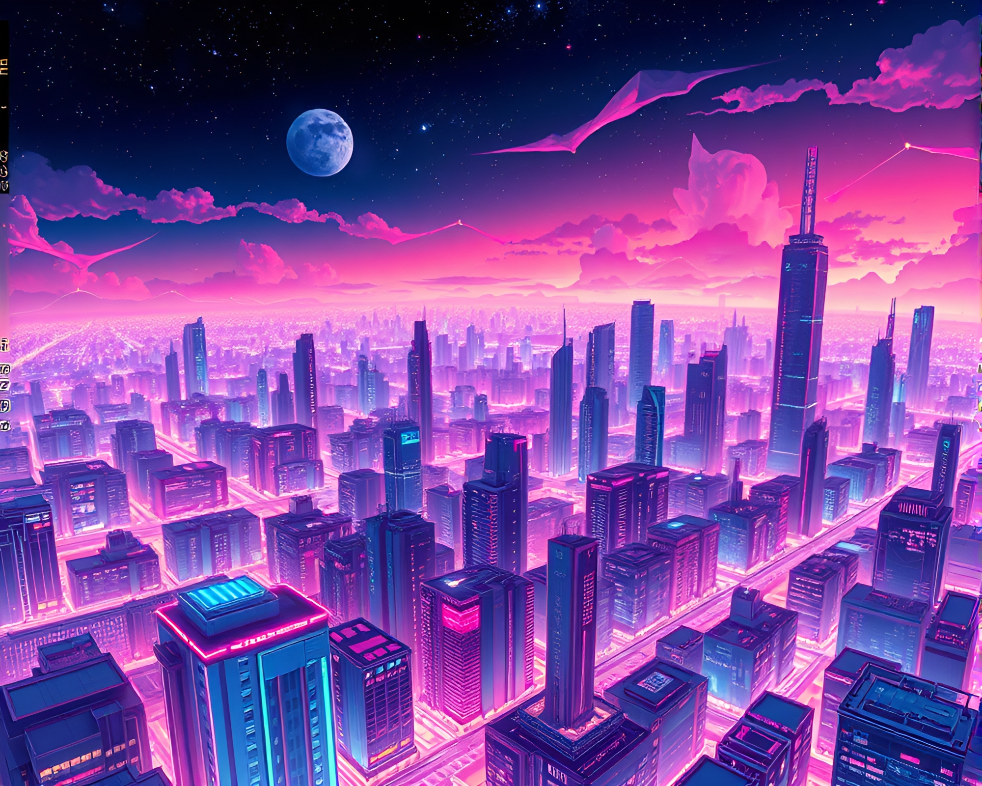 Futuristic Fractal Cityscape with Dreamy Anime Sky – free AI stock image