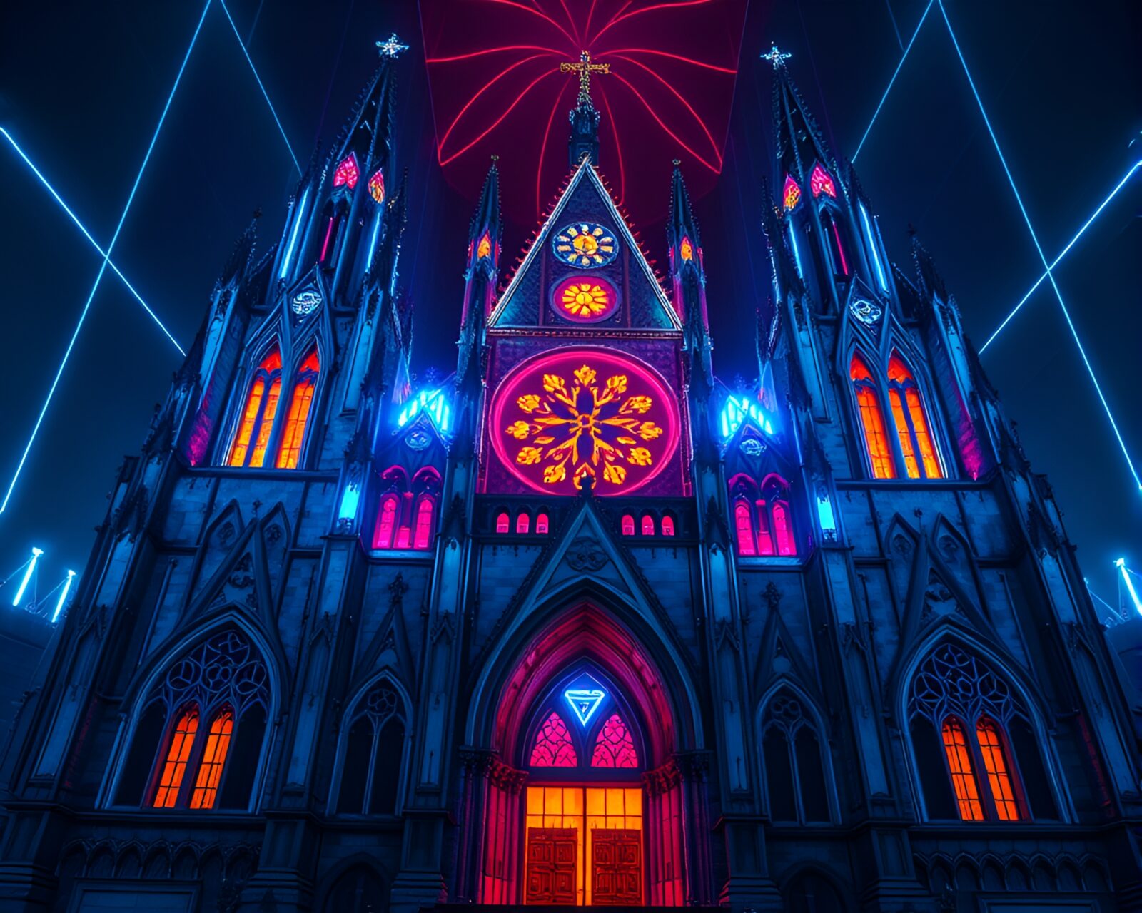 Gothic cathedral interior bathed in vibrant neon hues