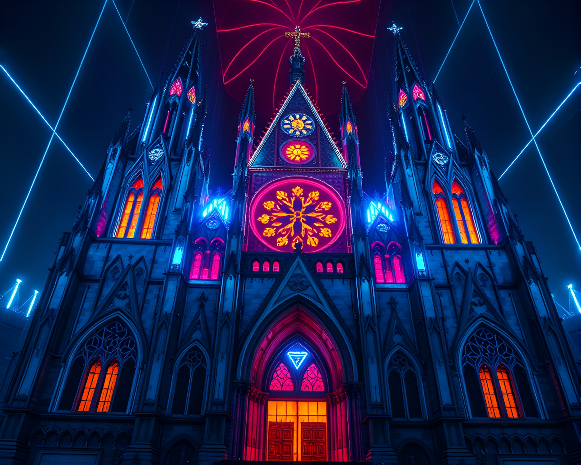 Ethereal Neon Lights Illuminate Gothic Cathedral Interior – free AI stock image