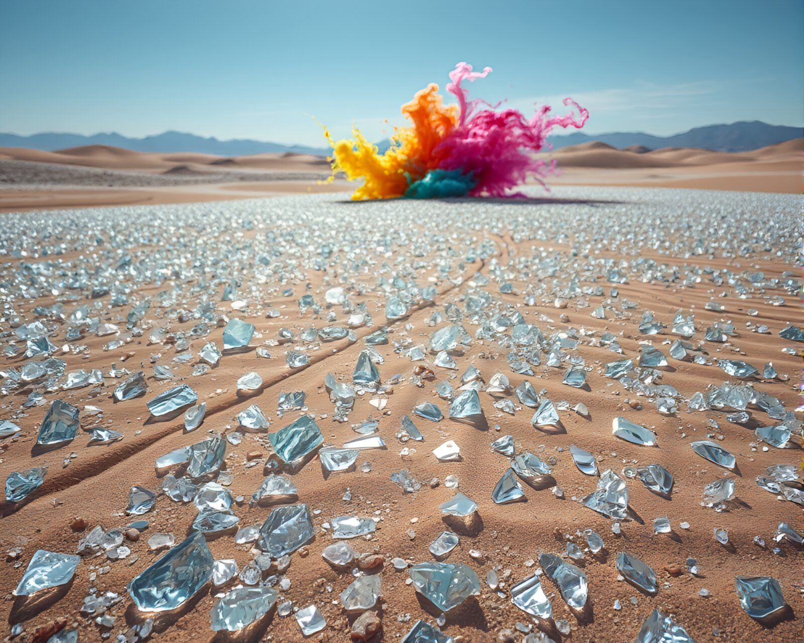 Vibrant watercolor splash contrasts with shimmering glass desert landscape