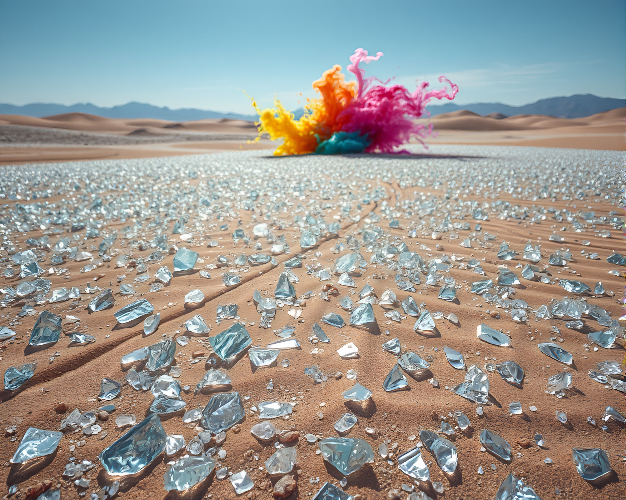 Surreal Glass Desert with Vibrant Watercolor Splash – free AI stock image